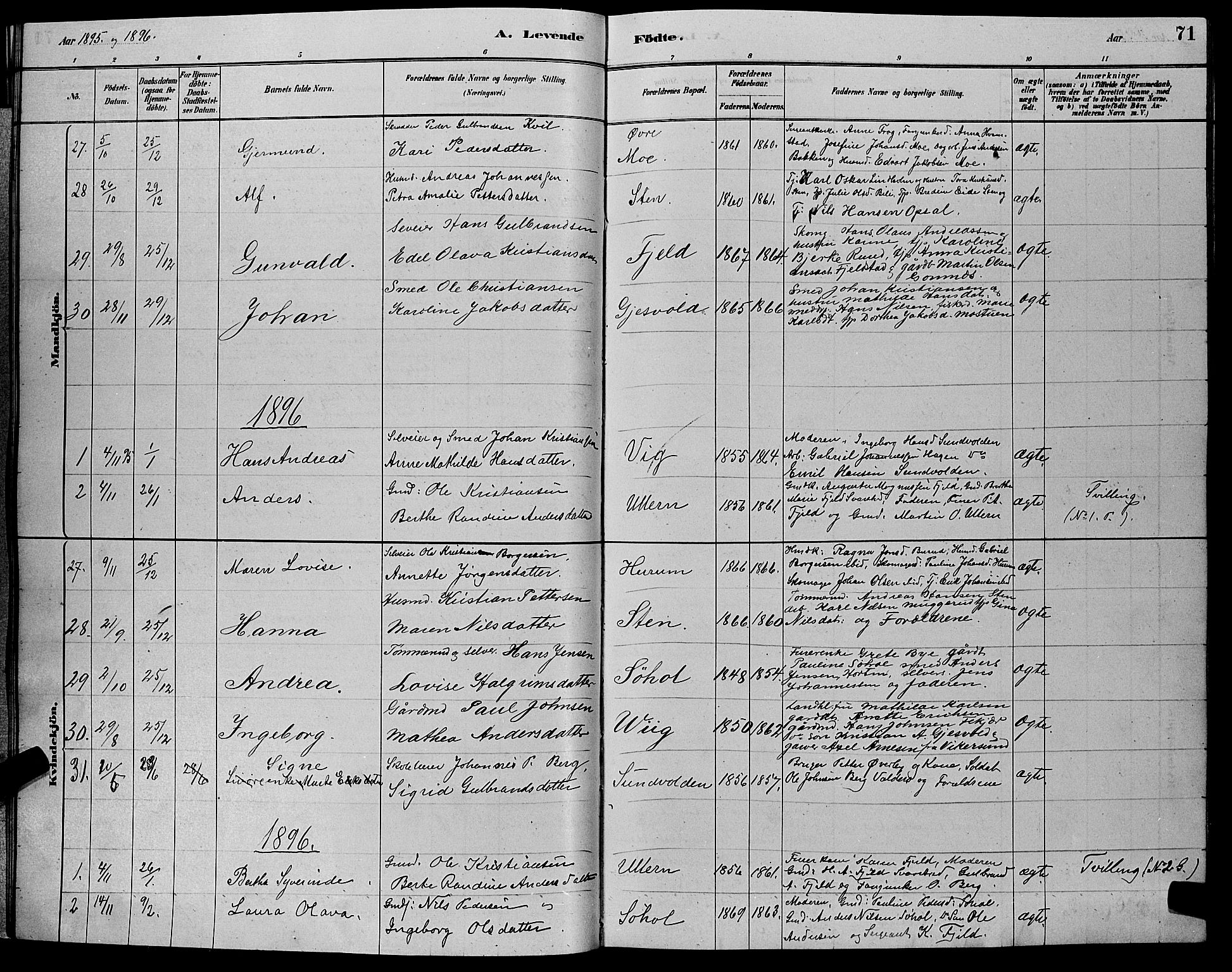 Hole kirkebøker, AV/SAKO-A-228/G/Ga/L0003: Parish register (copy) no. I 3, 1879-1904, p. 71