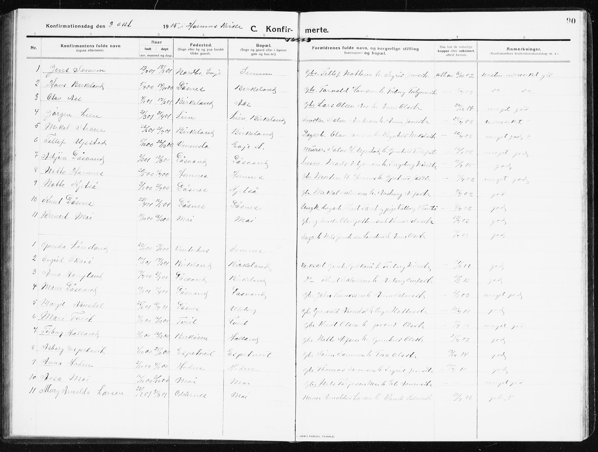 Evje sokneprestkontor, SAK/1111-0008/F/Fb/Fbb/L0003: Parish register (copy) no. B 3, 1910-1933, p. 90