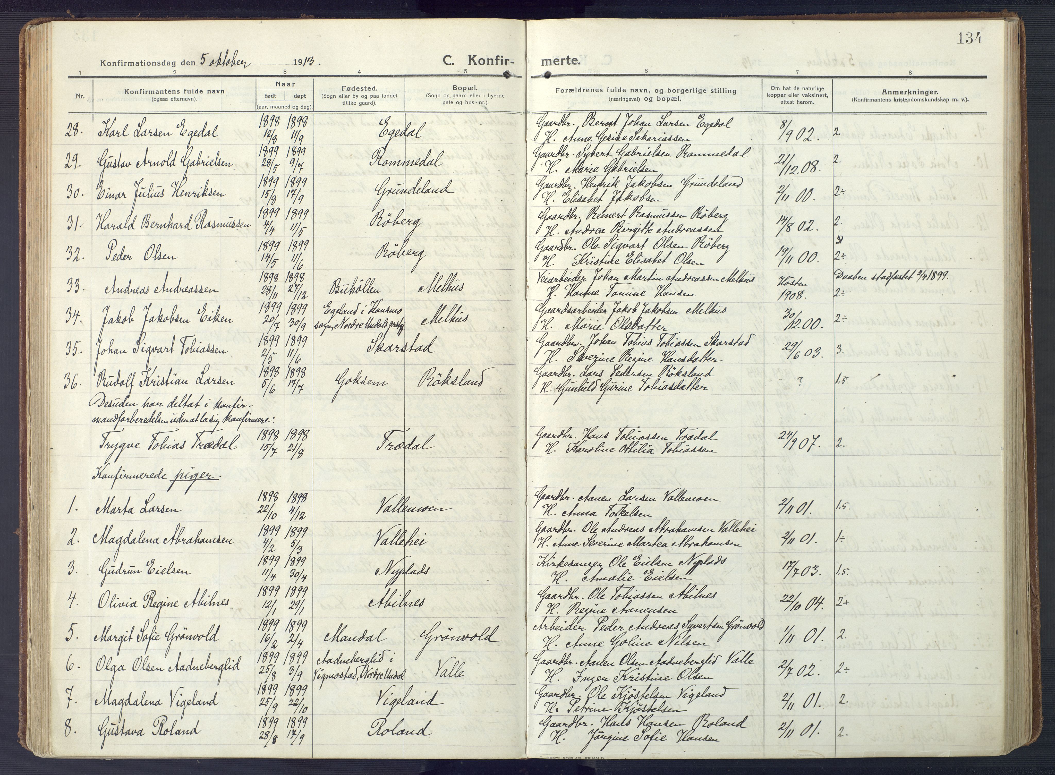 Sør-Audnedal sokneprestkontor, AV/SAK-1111-0039/F/Fa/Fab/L0011: Parish register (official) no. A 11, 1912-1938, p. 134