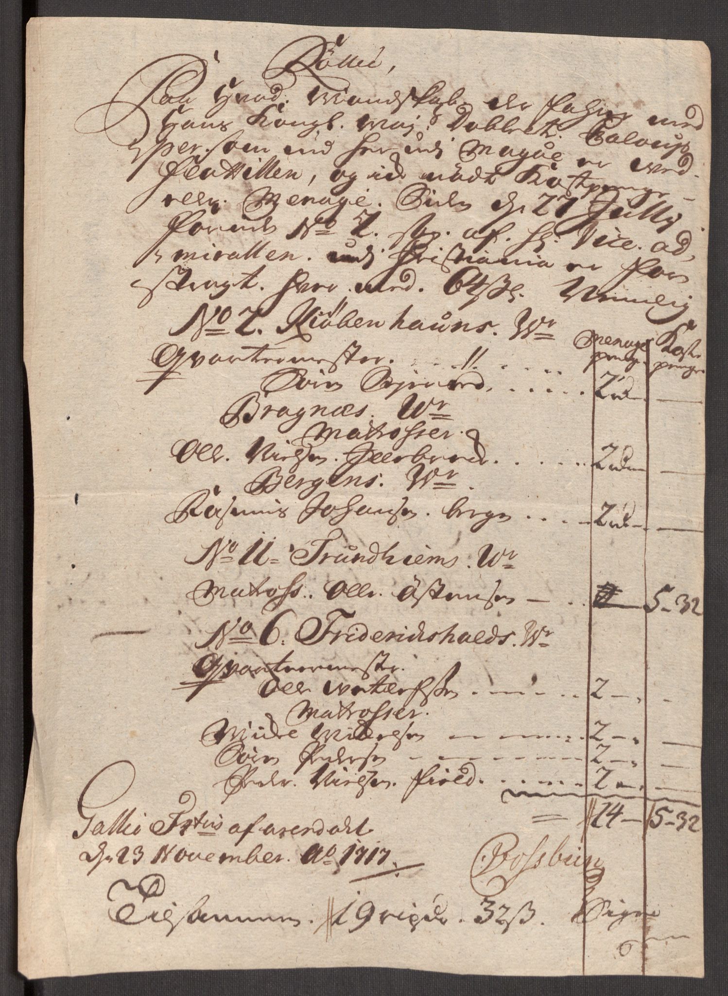 Kommanderende general (KG I) med Det norske krigsdirektorium, AV/RA-EA-5419/E/Eb/L0001: Ruller over noen kompanier som tjenestegjorde på flåten, 1712-1721, p. 488