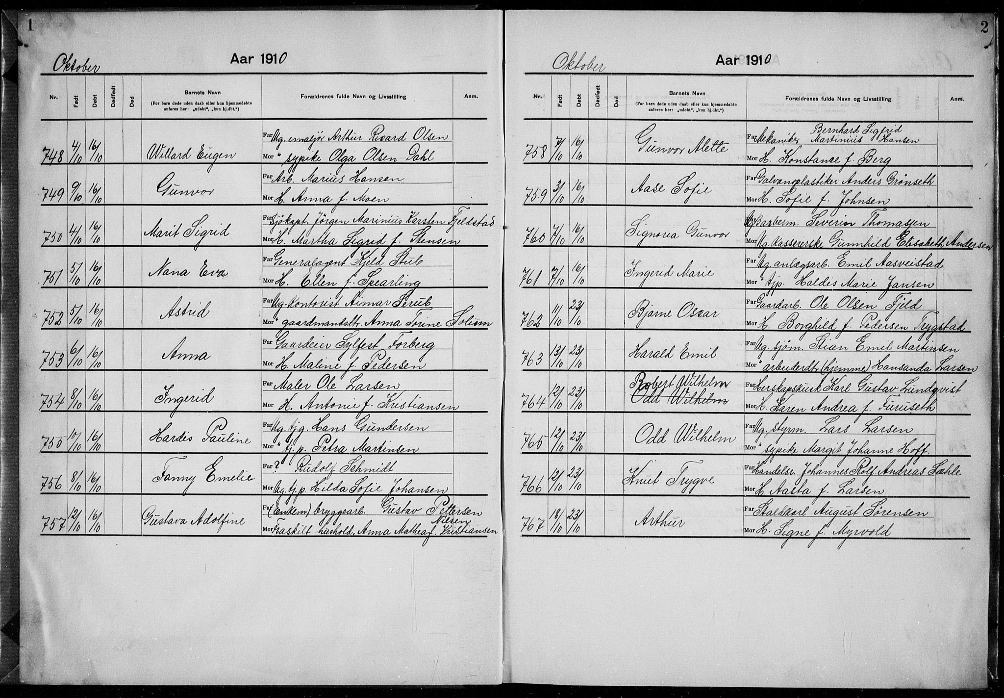 Rikshospitalet prestekontor Kirkebøker, SAO/A-10309b/K/L0007/0001: Baptism register no. 7.1, 1910-1912, p. 1-2