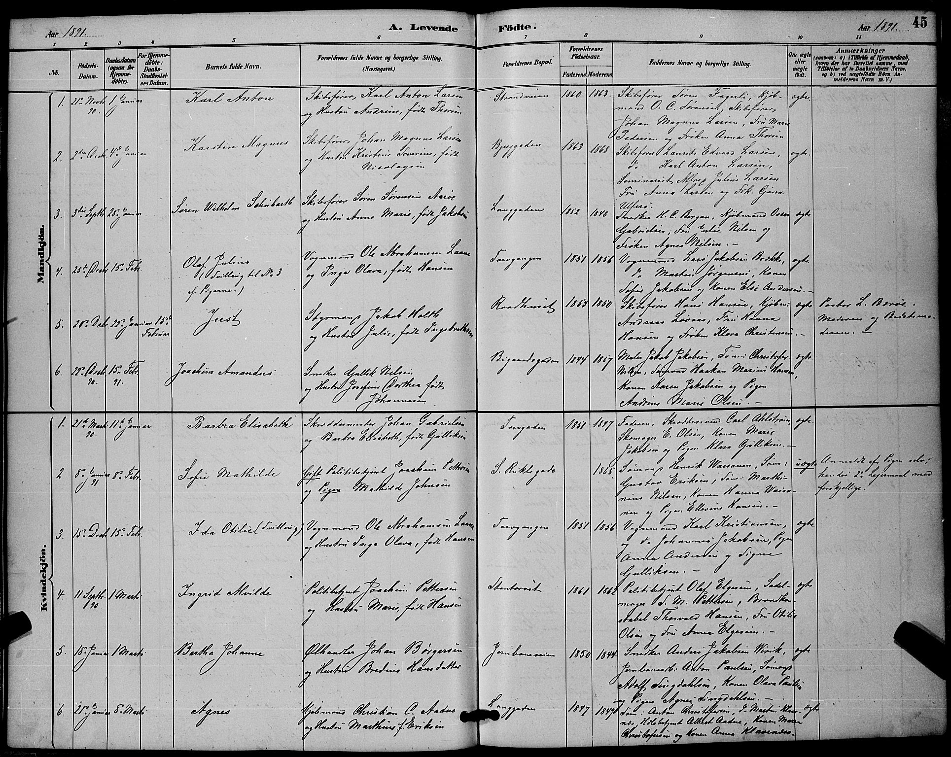 Sandefjord kirkebøker, SAKO/A-315/G/Ga/L0001: Parish register (copy) no. 1, 1885-1903, p. 45