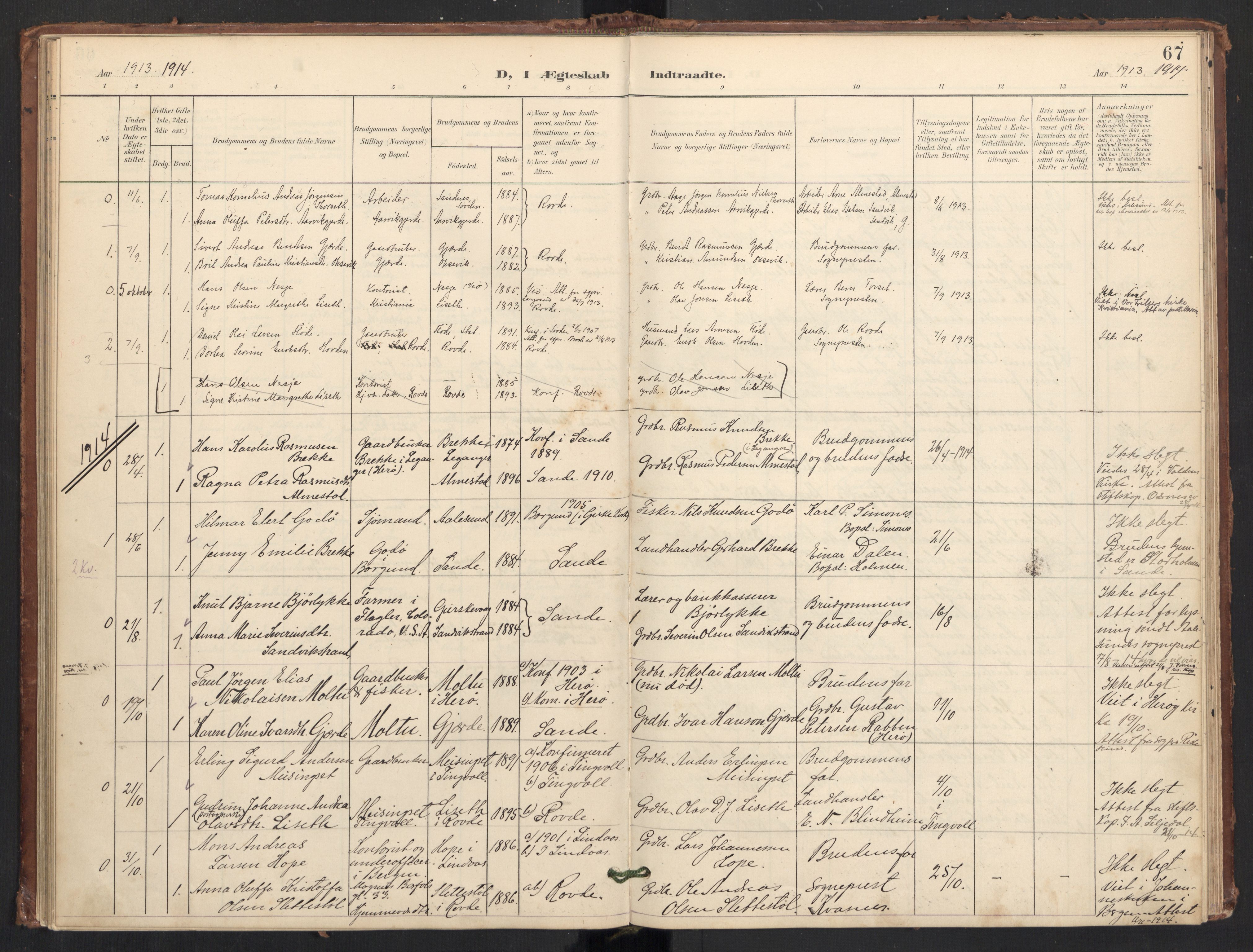 Ministerialprotokoller, klokkerbøker og fødselsregistre - Møre og Romsdal, SAT/A-1454/504/L0057: Parish register (official) no. 504A04, 1902-1919, p. 67