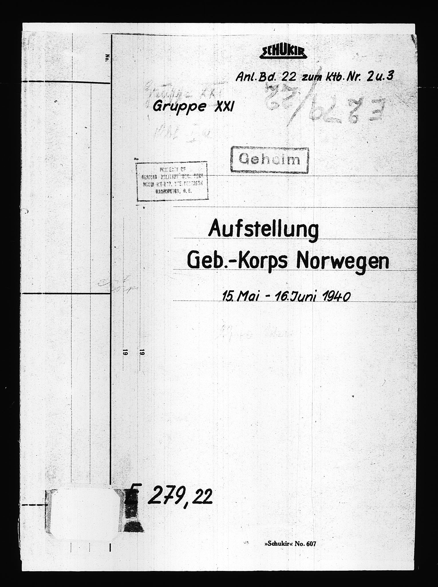 Documents Section, RA/RAFA-2200/V/L0083: Amerikansk mikrofilm "Captured German Documents".
Box No. 722.  FKA jnr. 615/1954., 1940, p. 440