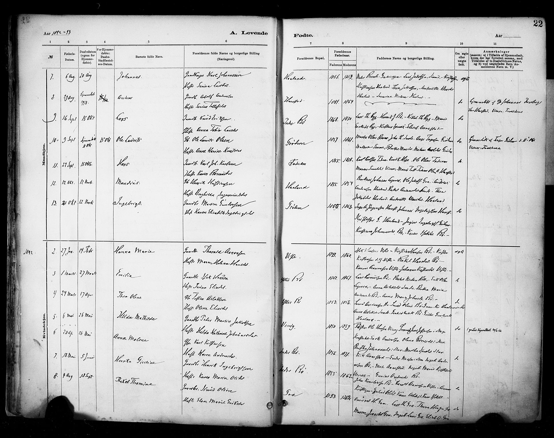Hetland sokneprestkontor, SAST/A-101826/30/30BA/L0009: Parish register (official) no. A 9, 1882-1918, p. 22