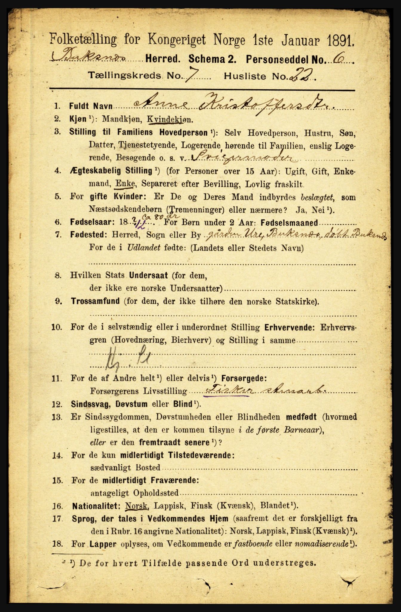 RA, 1891 census for 1860 Buksnes, 1891, p. 5130