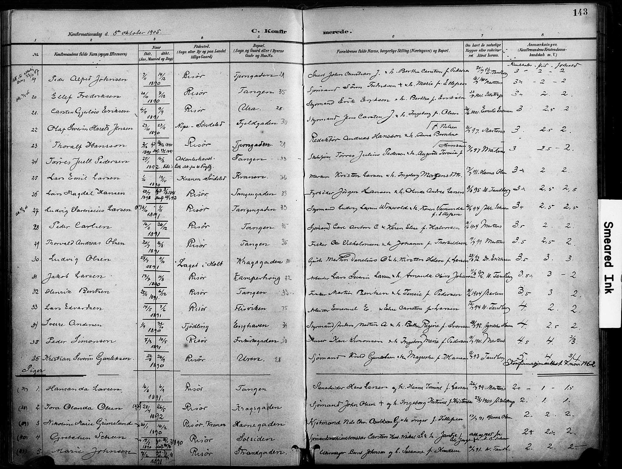Risør sokneprestkontor, SAK/1111-0035/F/Fa/L0010: Parish register (official) no. A 10, 1896-1906, p. 143