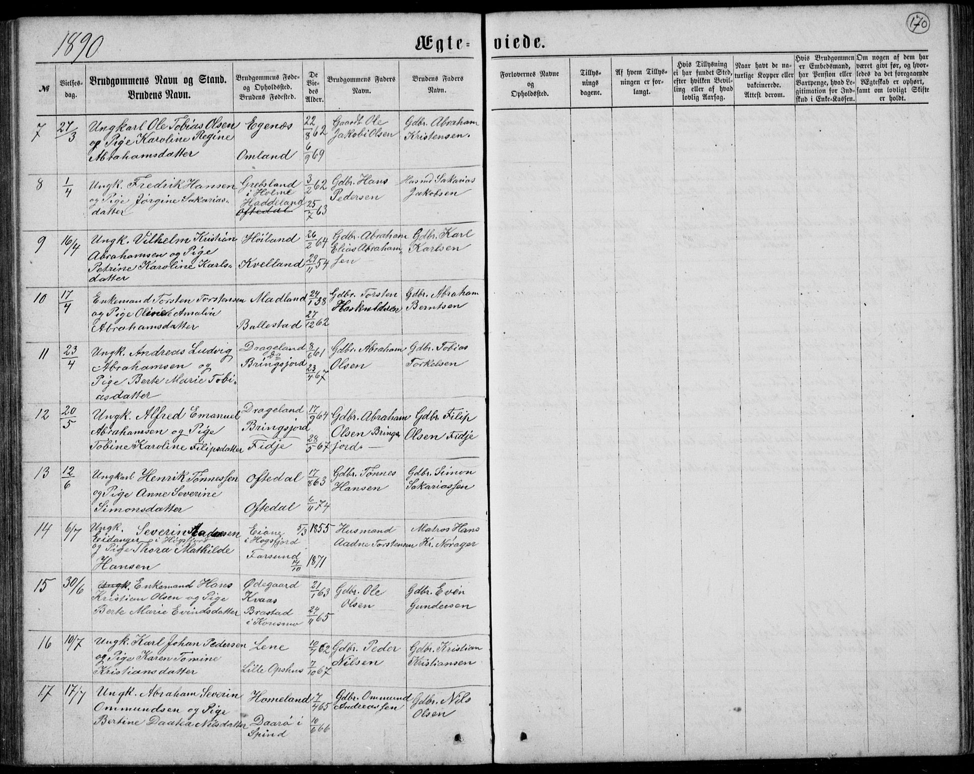 Lyngdal sokneprestkontor, AV/SAK-1111-0029/F/Fb/Fbc/L0004: Parish register (copy) no. B 4, 1878-1896, p. 170