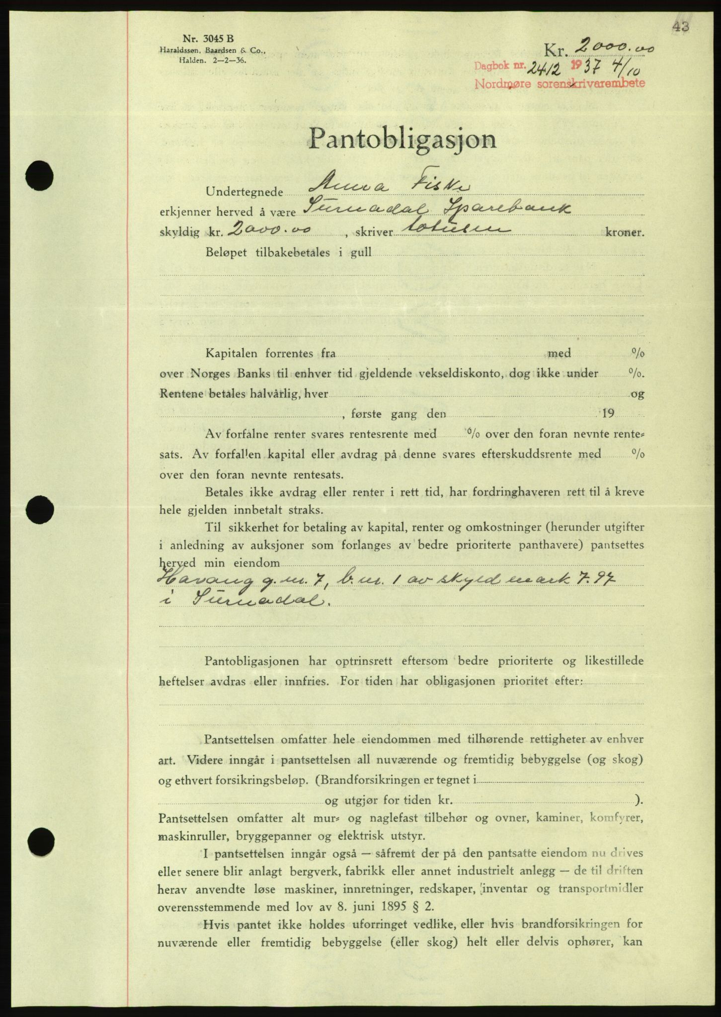 Nordmøre sorenskriveri, AV/SAT-A-4132/1/2/2Ca/L0092: Mortgage book no. B82, 1937-1938, Diary no: : 2412/1937