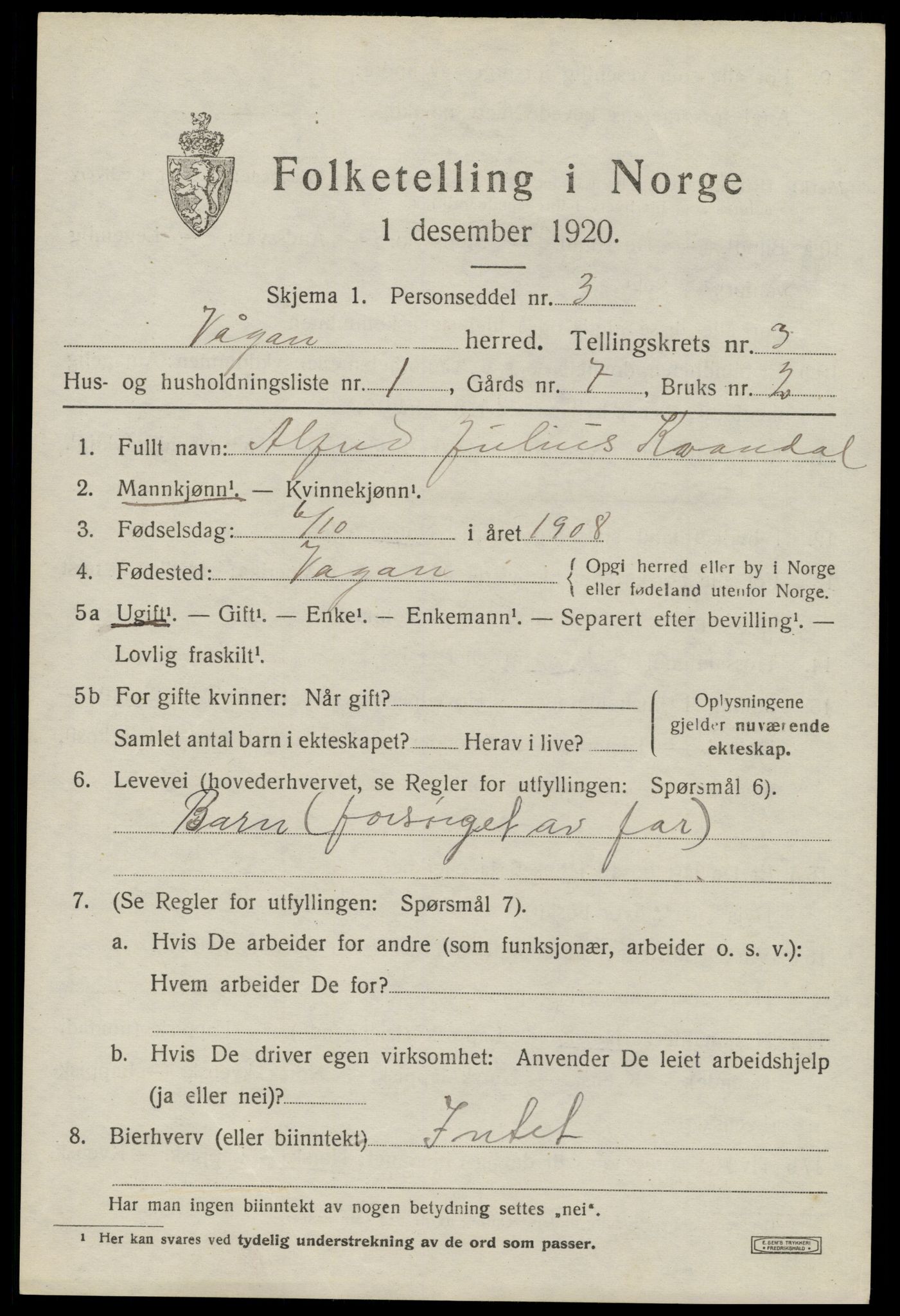 SAT, 1920 census for Vågan, 1920, p. 2571