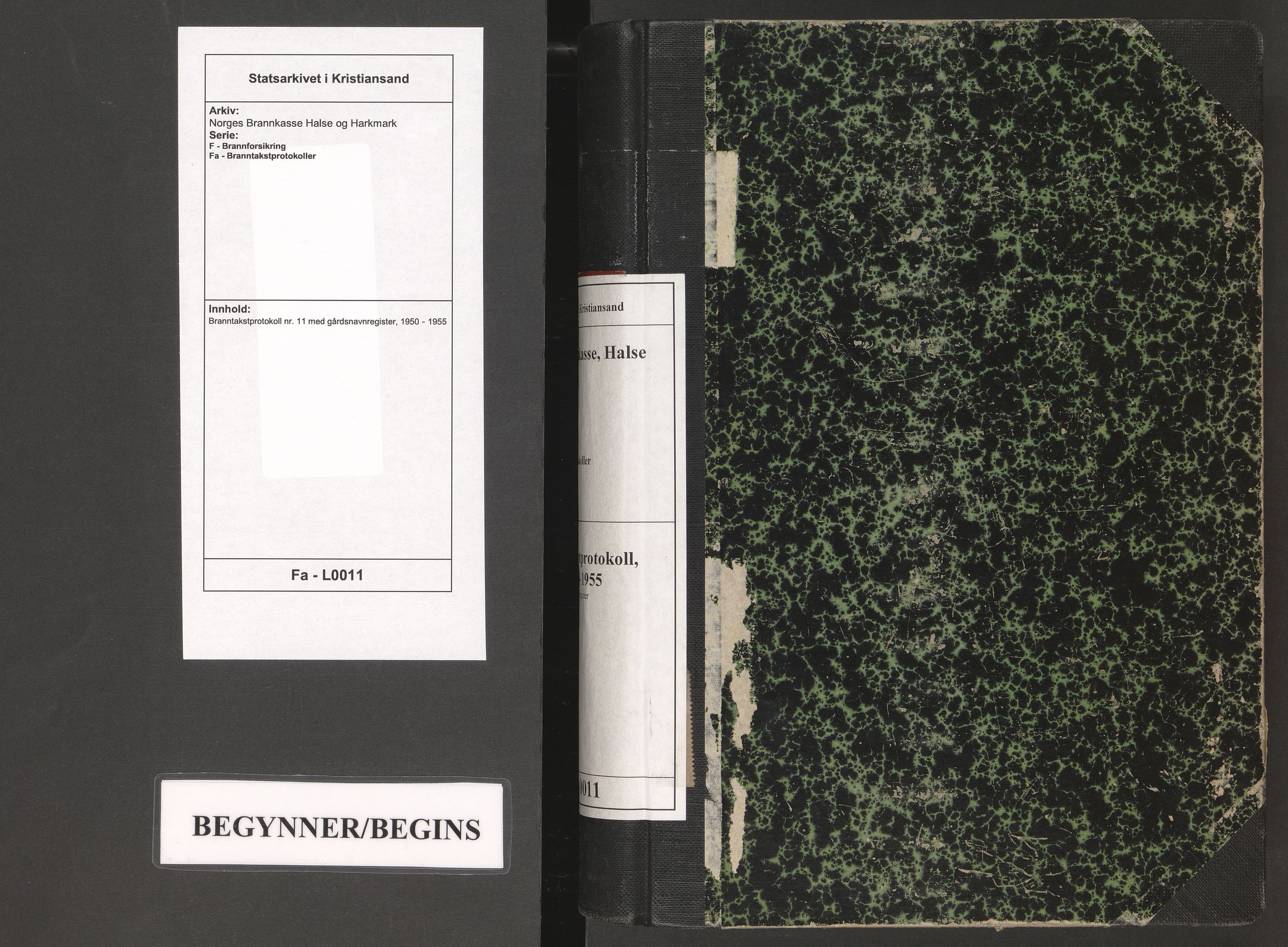 Norges Brannkasse Halse og Harkmark, AV/SAK-2241-0020/F/Fa/L0011: Branntakstprotokoll nr. 11 med gårdsnavnregister, 1950-1955