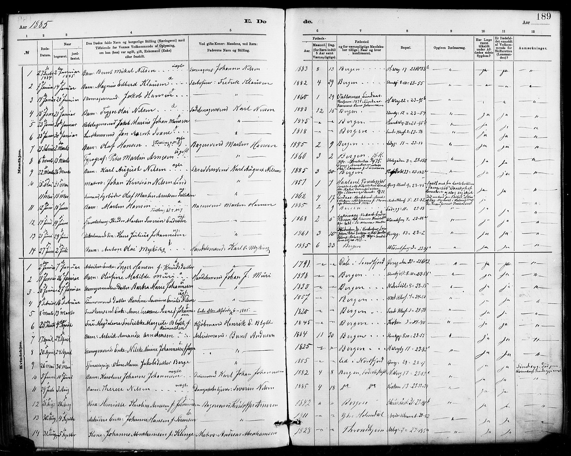 Mariakirken Sokneprestembete, SAB/A-76901/H/Haa/L0007: Parish register (official) no. A 7, 1878-1893, p. 189
