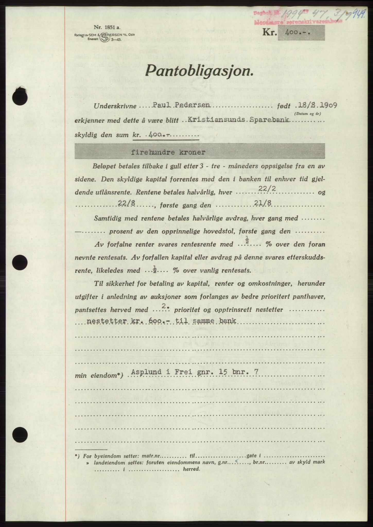 Nordmøre sorenskriveri, AV/SAT-A-4132/1/2/2Ca: Mortgage book no. B96, 1947-1947, Diary no: : 1994/1947