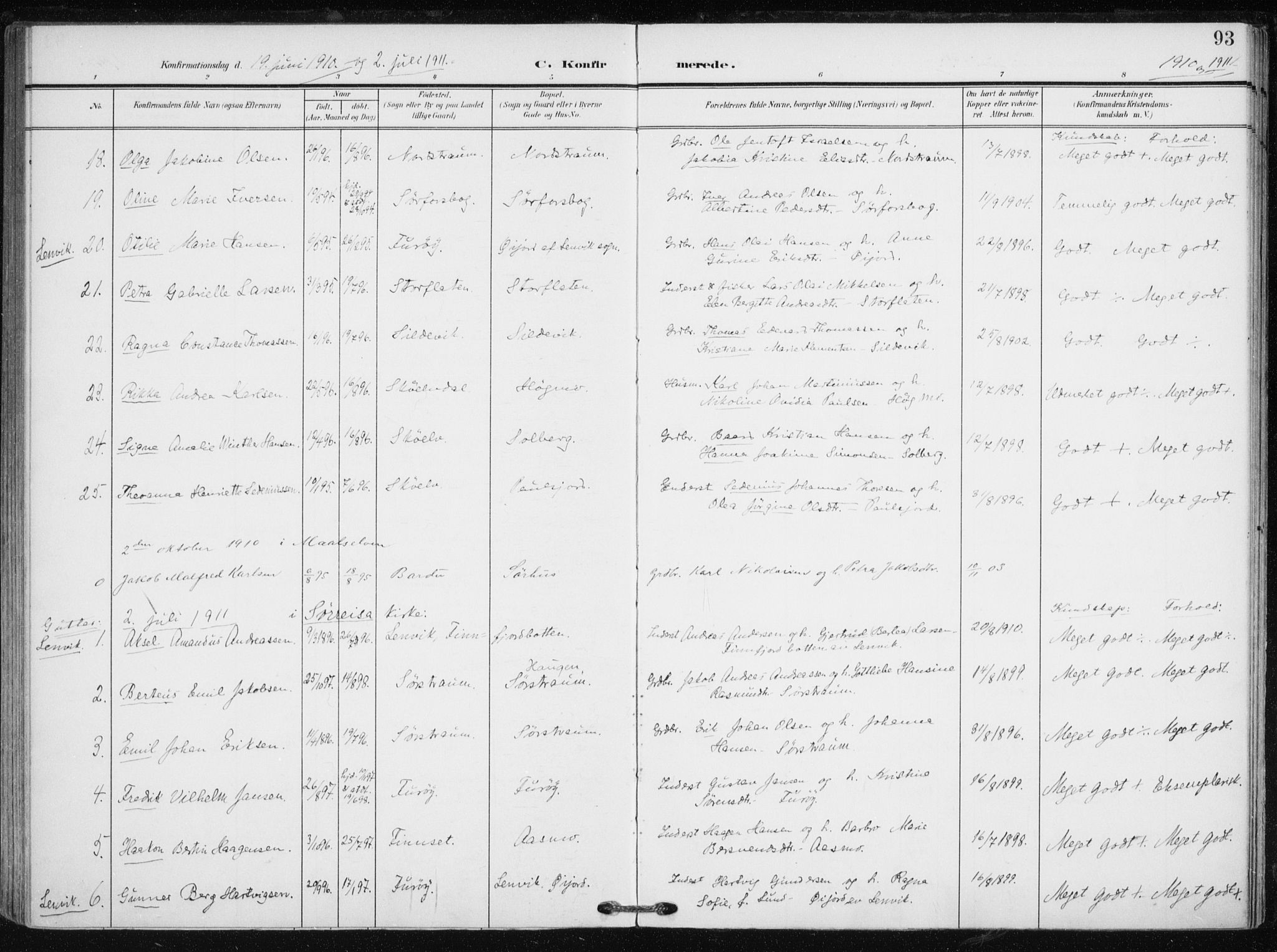 Tranøy sokneprestkontor, SATØ/S-1313/I/Ia/Iaa/L0012kirke: Parish register (official) no. 12, 1905-1918, p. 93