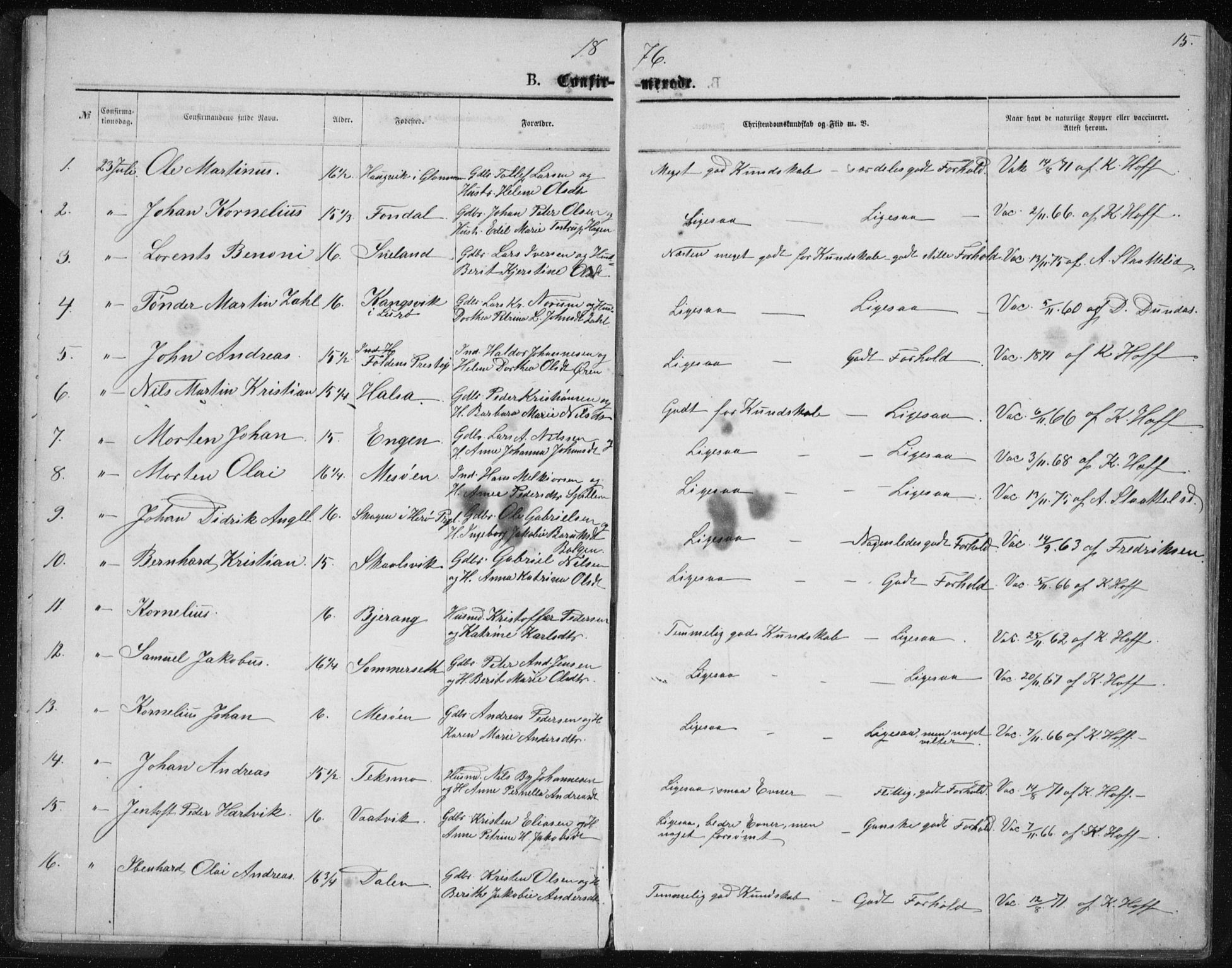 Ministerialprotokoller, klokkerbøker og fødselsregistre - Nordland, SAT/A-1459/843/L0635: Parish register (copy) no. 843C04, 1872-1887, p. 15