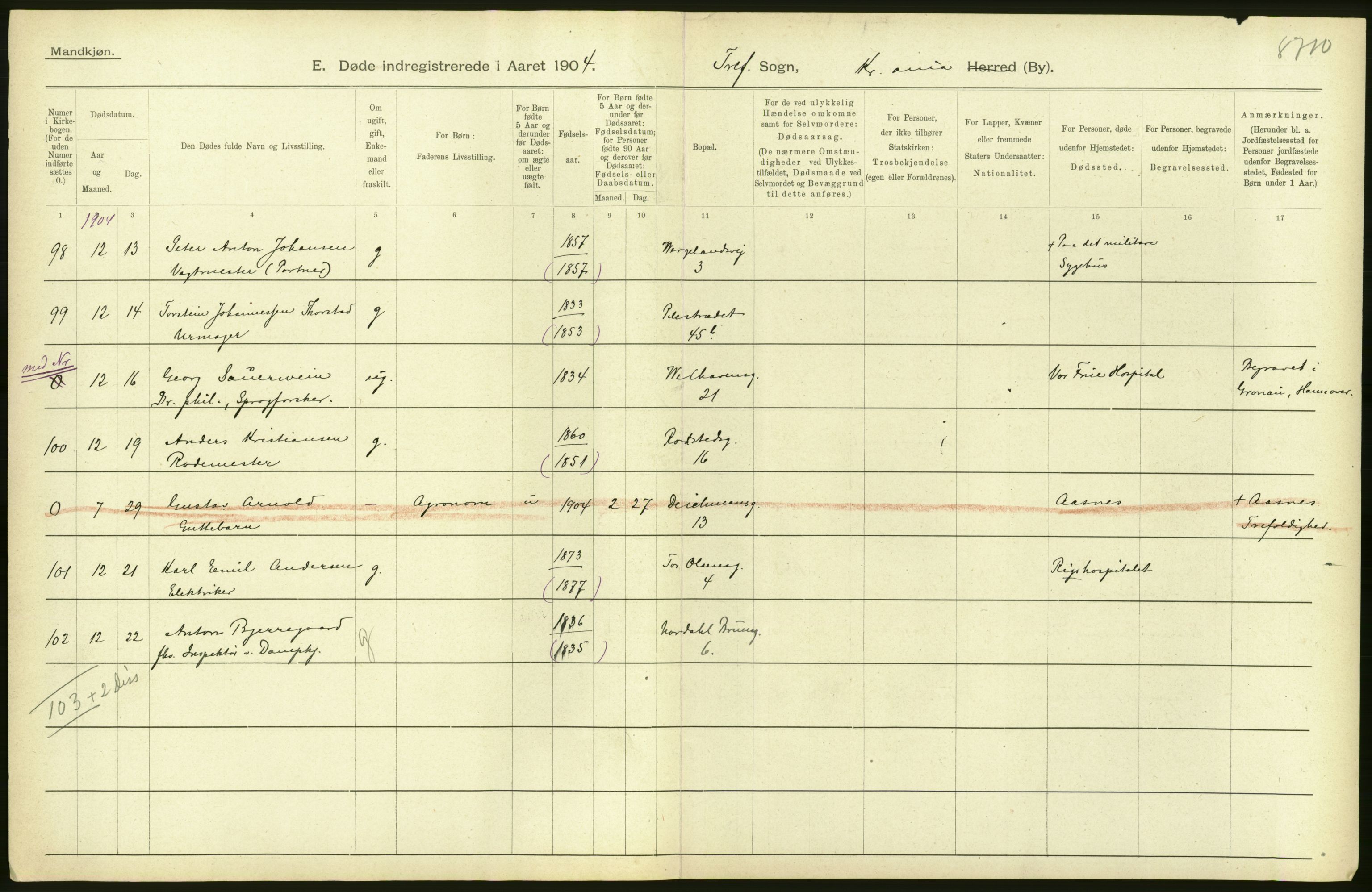 Statistisk sentralbyrå, Sosiodemografiske emner, Befolkning, AV/RA-S-2228/D/Df/Dfa/Dfab/L0004: Kristiania: Gifte, døde, 1904, p. 318