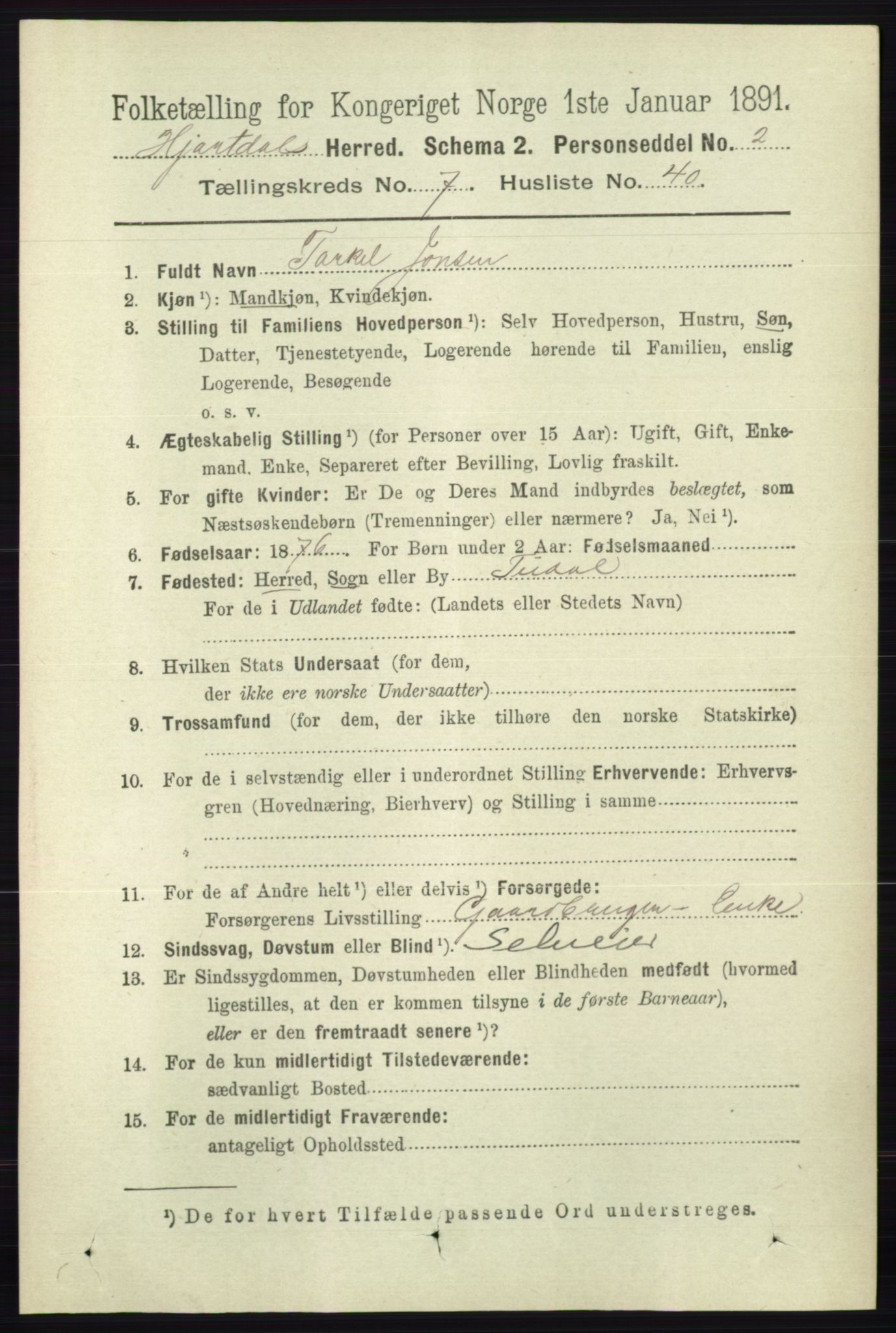 RA, 1891 census for 0827 Hjartdal, 1891, p. 2751