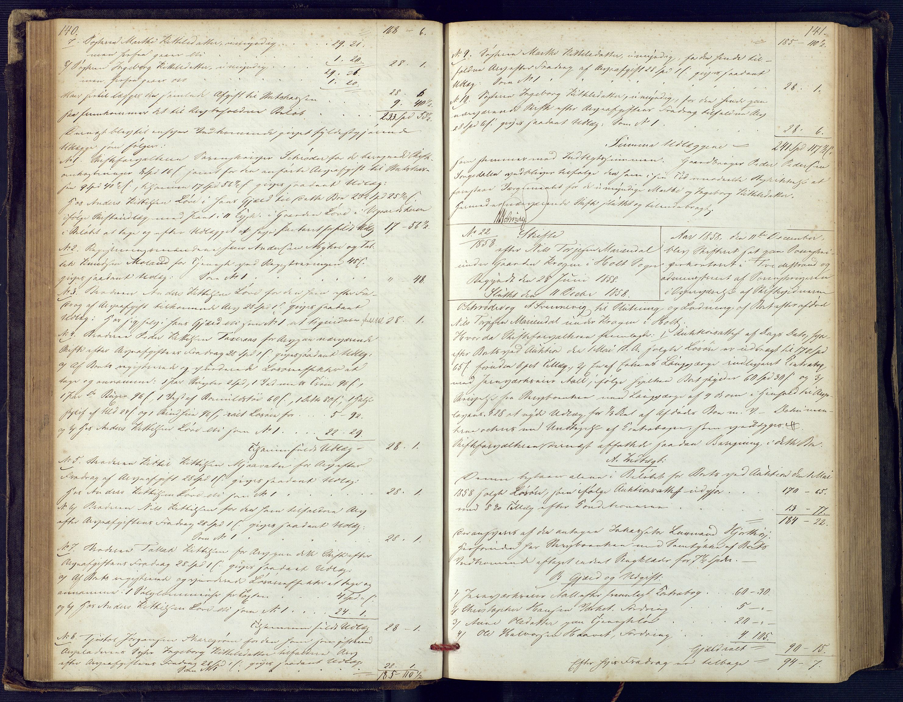 Holt sorenskriveri, SAK/1221-0002/H/Hc/L0029: Skifteutlodningsprotokoll nr. 4 med løst register, 1857-1862, p. 140-141