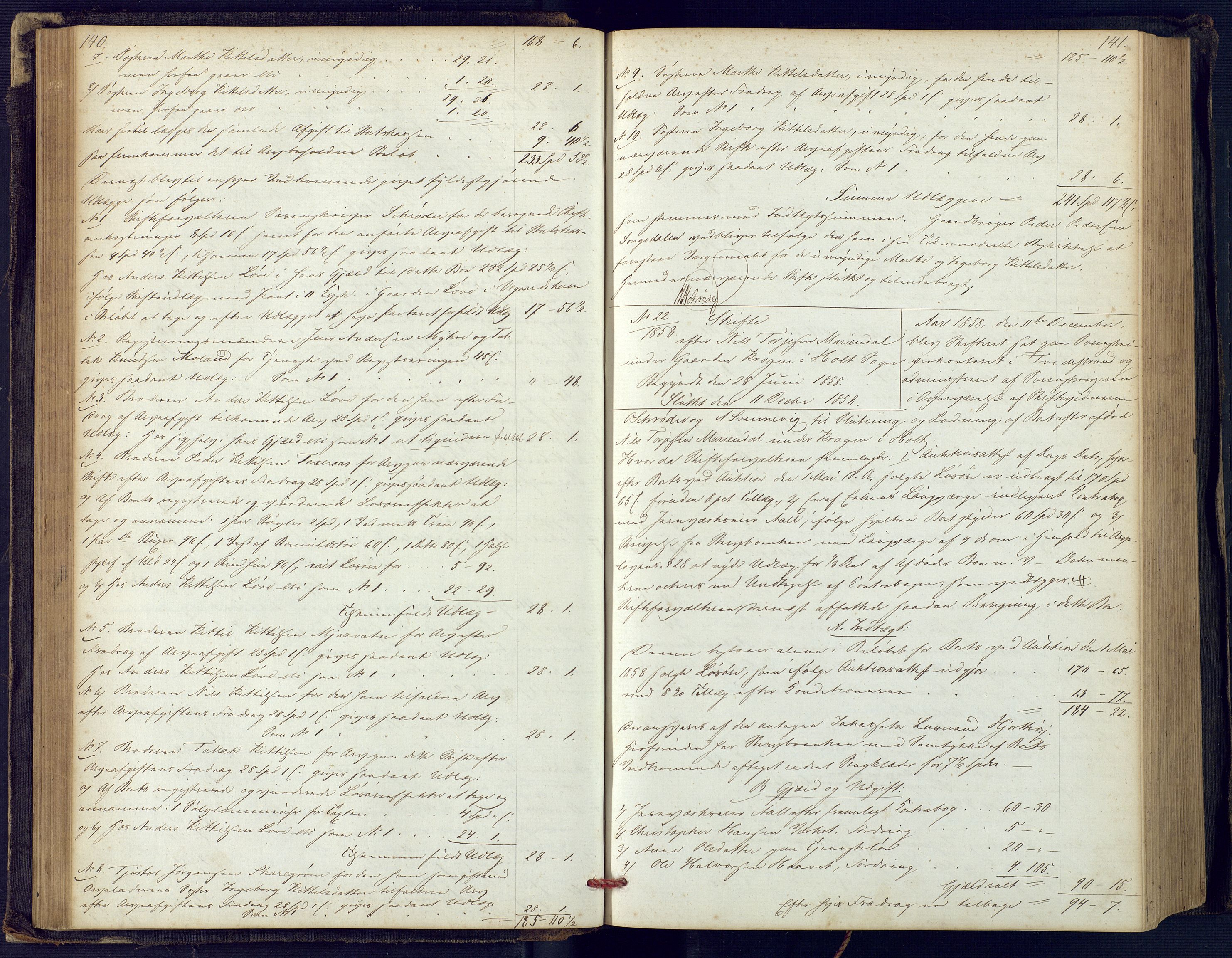 Holt sorenskriveri, AV/SAK-1221-0002/H/Hc/L0029: Skifteutlodningsprotokoll nr. 4 med løst register, 1857-1862, p. 140-141