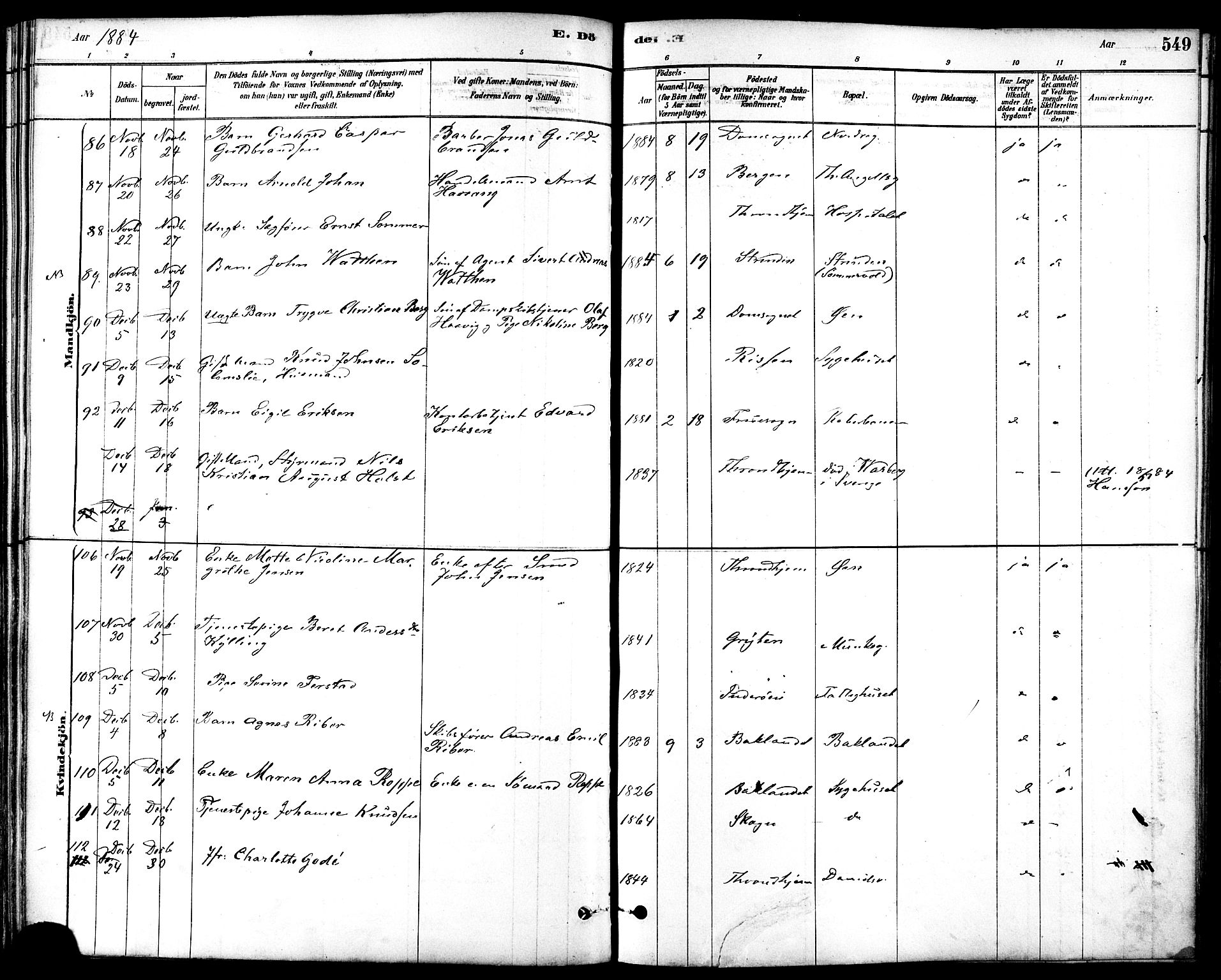 Ministerialprotokoller, klokkerbøker og fødselsregistre - Sør-Trøndelag, SAT/A-1456/601/L0058: Parish register (official) no. 601A26, 1877-1891, p. 549