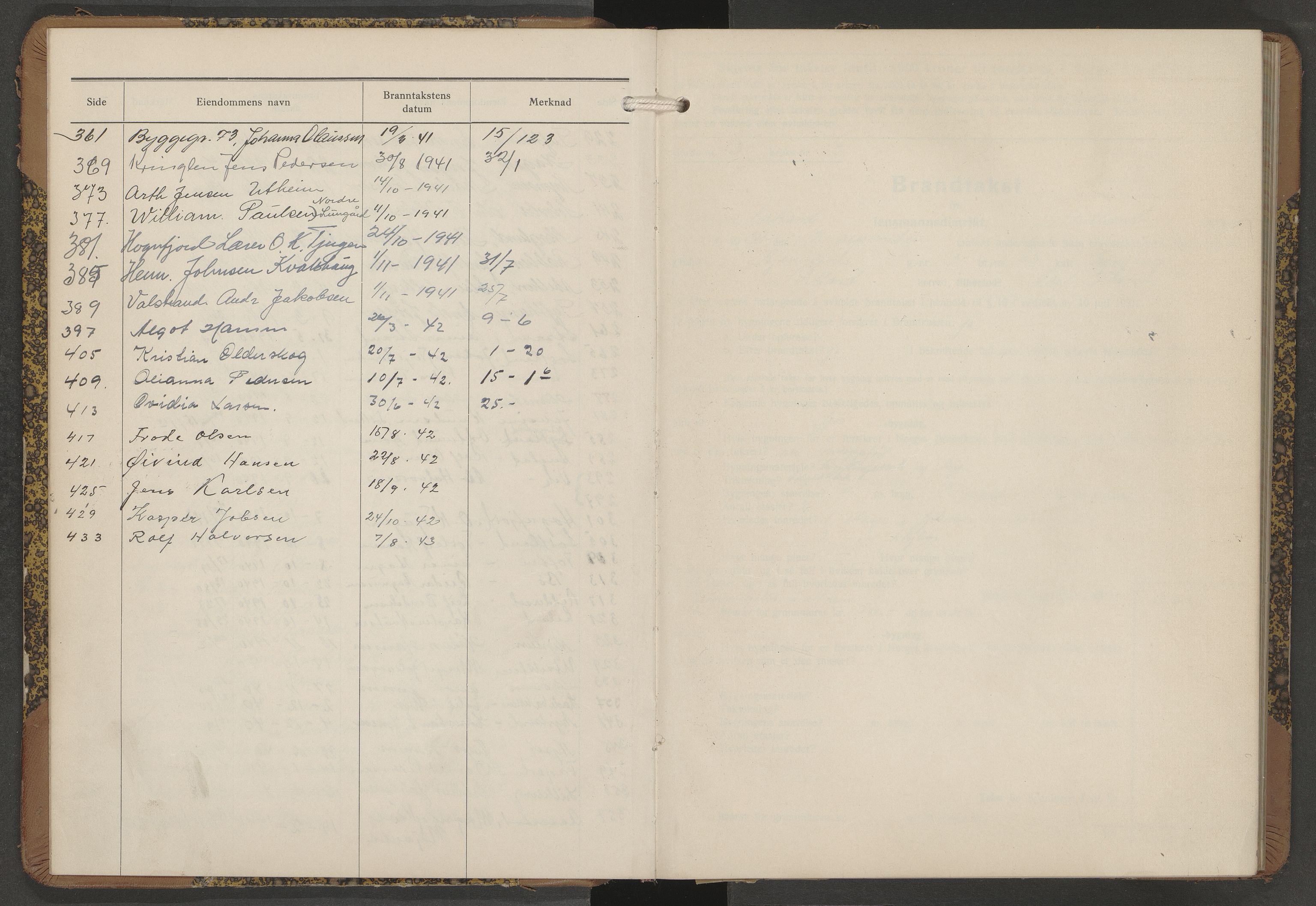 Sortland lensmannskontor, AV/SAT-A-6376/2/Oa/L0011: Branntakstprotokoll, 1939-1944