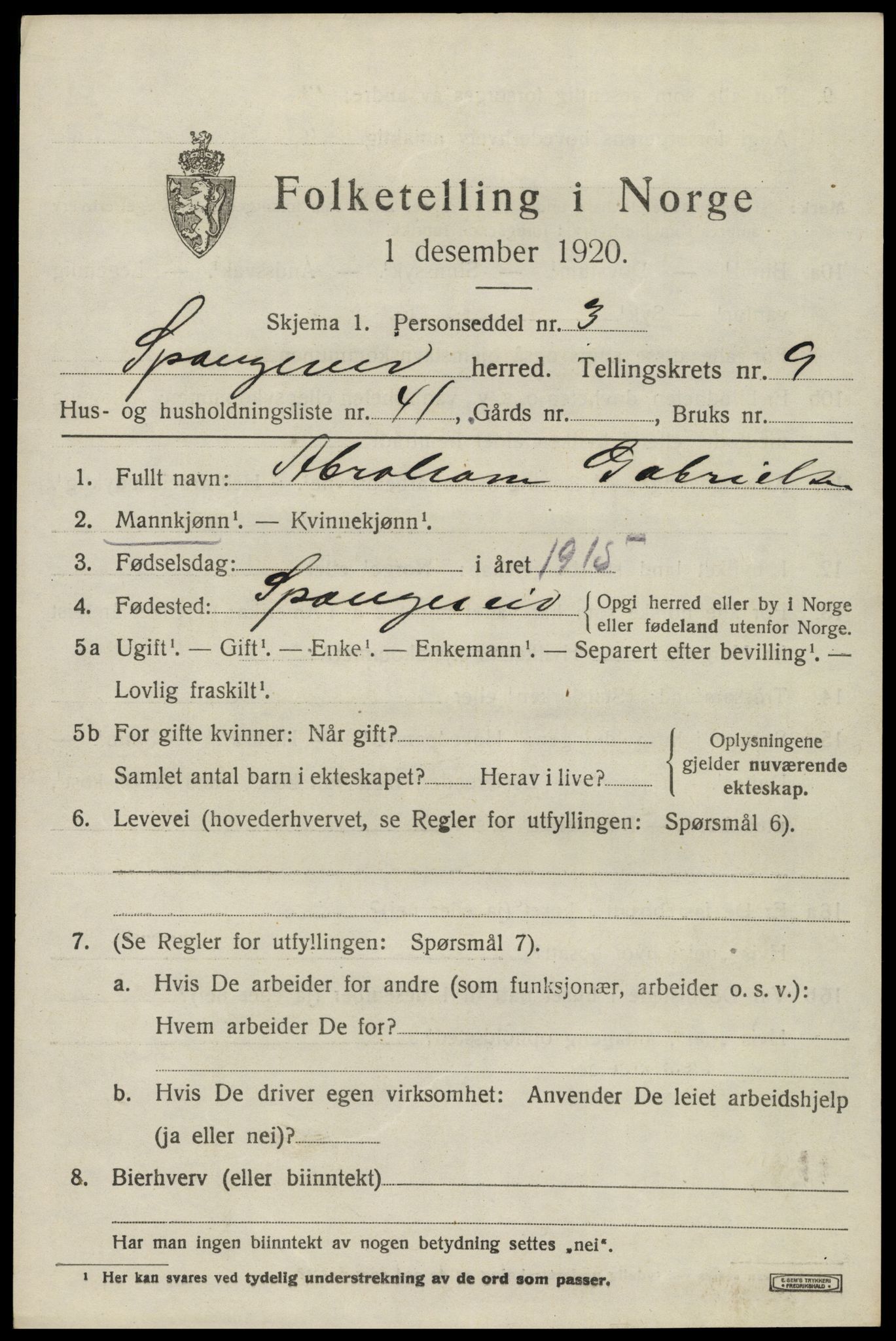 SAK, 1920 census for Spangereid, 1920, p. 3483