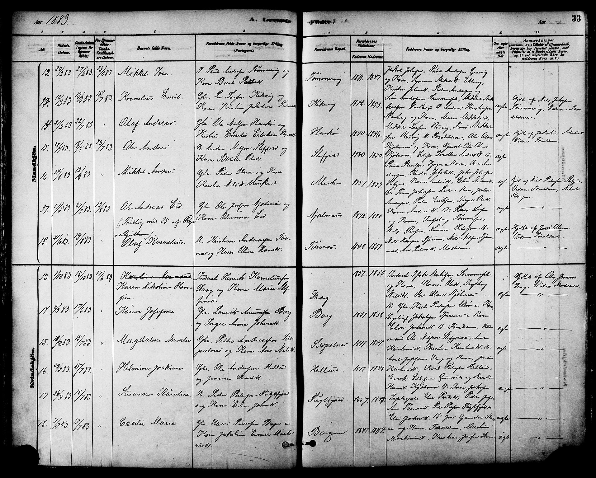 Ministerialprotokoller, klokkerbøker og fødselsregistre - Nordland, AV/SAT-A-1459/861/L0868: Parish register (official) no. 861A03, 1879-1889, p. 33