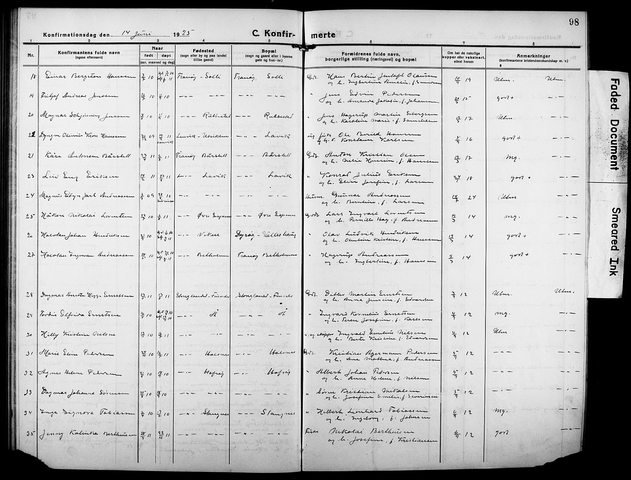 Tranøy sokneprestkontor, SATØ/S-1313/I/Ia/Iab/L0006klokker: Parish register (copy) no. 6, 1919-1932, p. 98