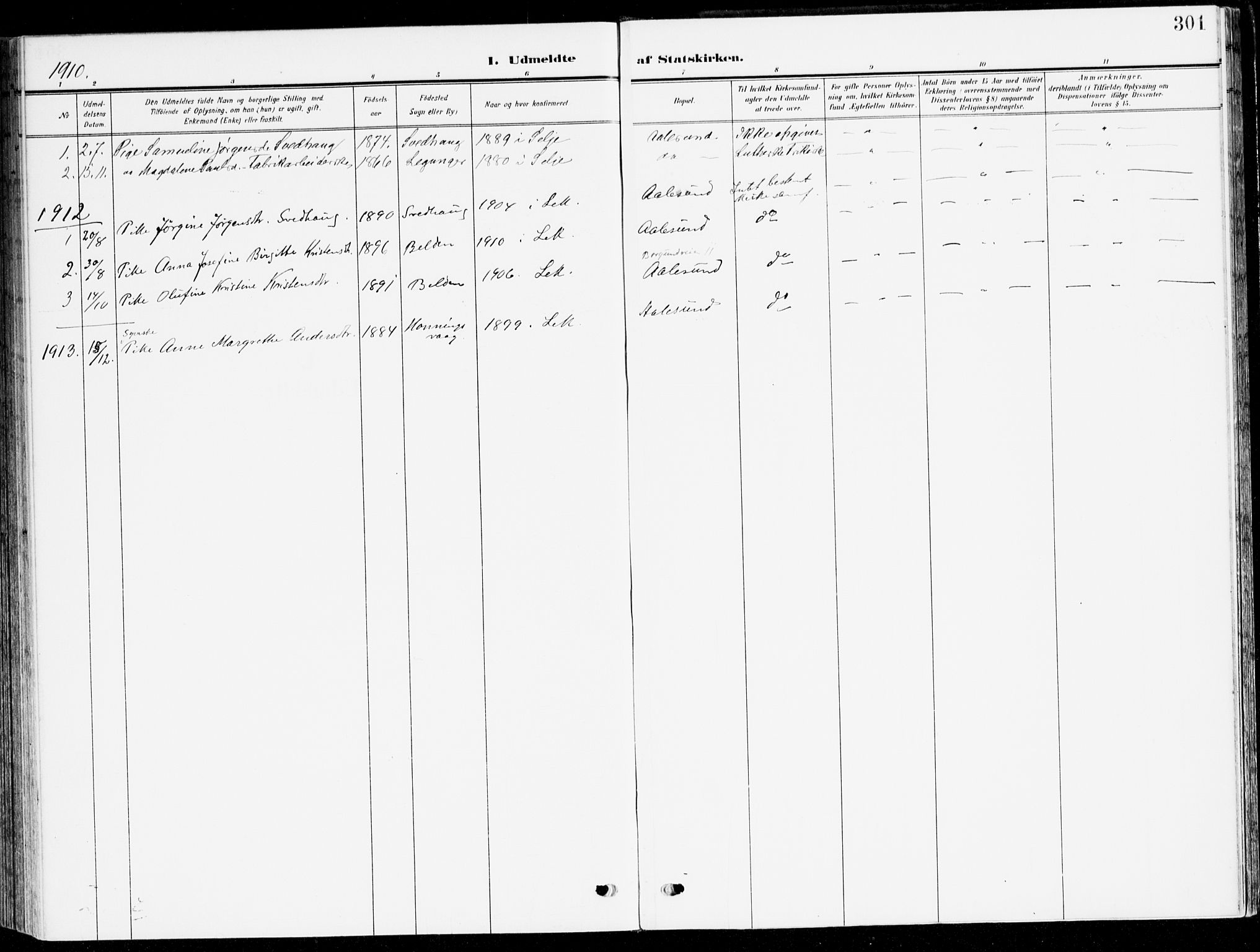Selje sokneprestembete, SAB/A-99938/H/Ha/Haa/Haab: Parish register (official) no. B 3, 1908-1923, p. 301