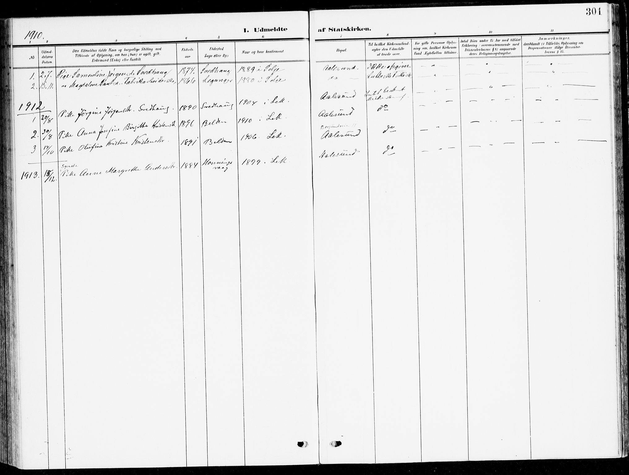 Selje sokneprestembete, AV/SAB-A-99938/H/Ha/Haa/Haab: Parish register (official) no. B 3, 1908-1923, p. 301