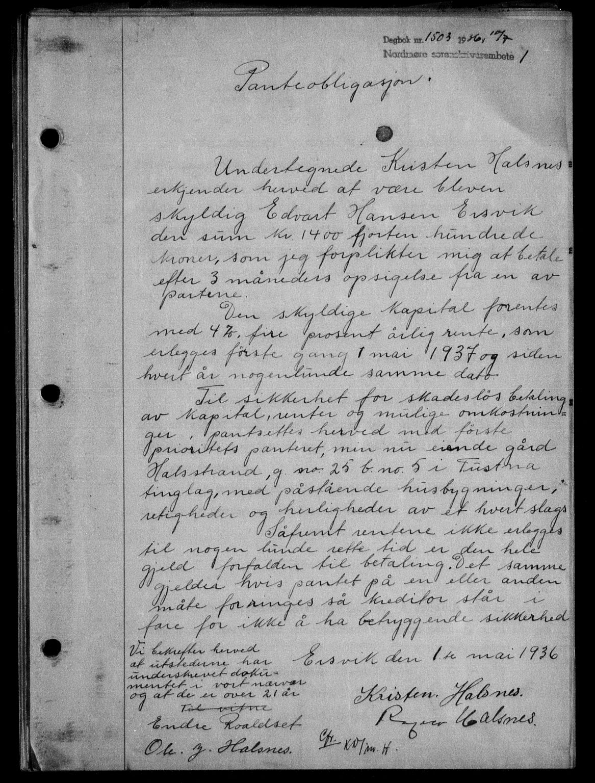 Nordmøre sorenskriveri, AV/SAT-A-4132/1/2/2Ca/L0089: Mortgage book no. 79, 1936-1936, Diary no: : 1503/1936