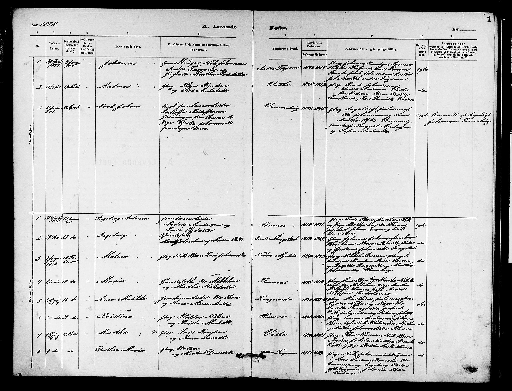 Haus sokneprestembete, SAB/A-75601/H/Hab: Parish register (copy) no. B 2, 1878-1884, p. 1