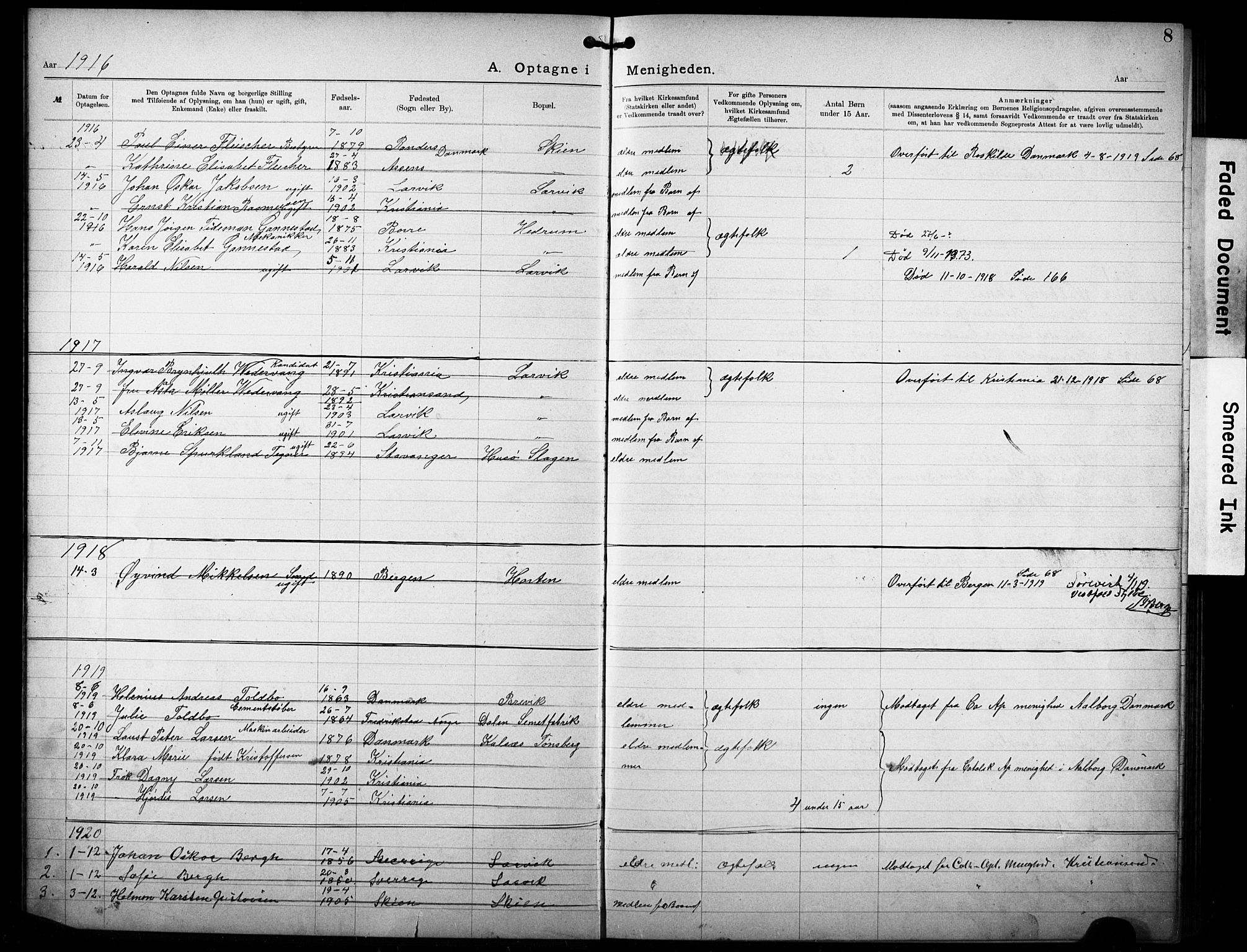 Den katolsk-apostoliske menighet i Larvik, AV/SAKO-P-953/F/Fa/L0001: Dissenter register no. 1, 1892-1933, p. 8