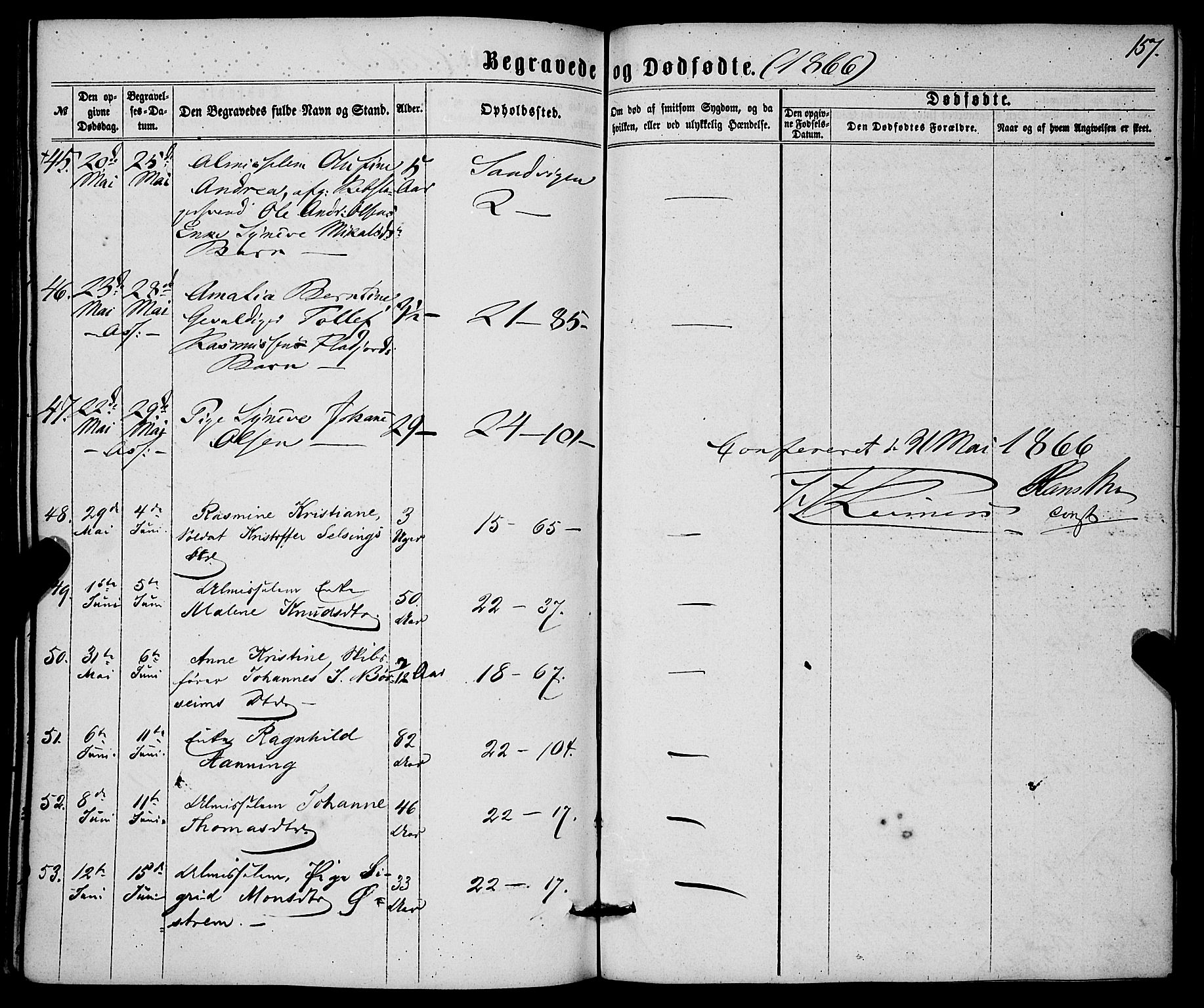 Korskirken sokneprestembete, AV/SAB-A-76101/H/Haa/L0045: Parish register (official) no. E 3, 1863-1875, p. 157