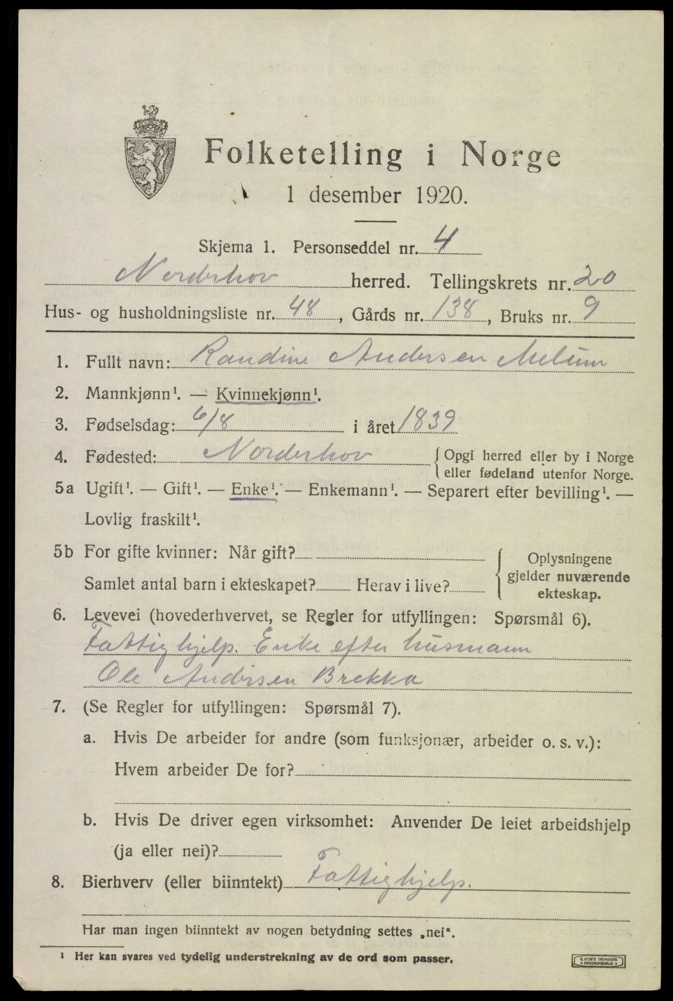 SAKO, 1920 census for Norderhov, 1920, p. 21900