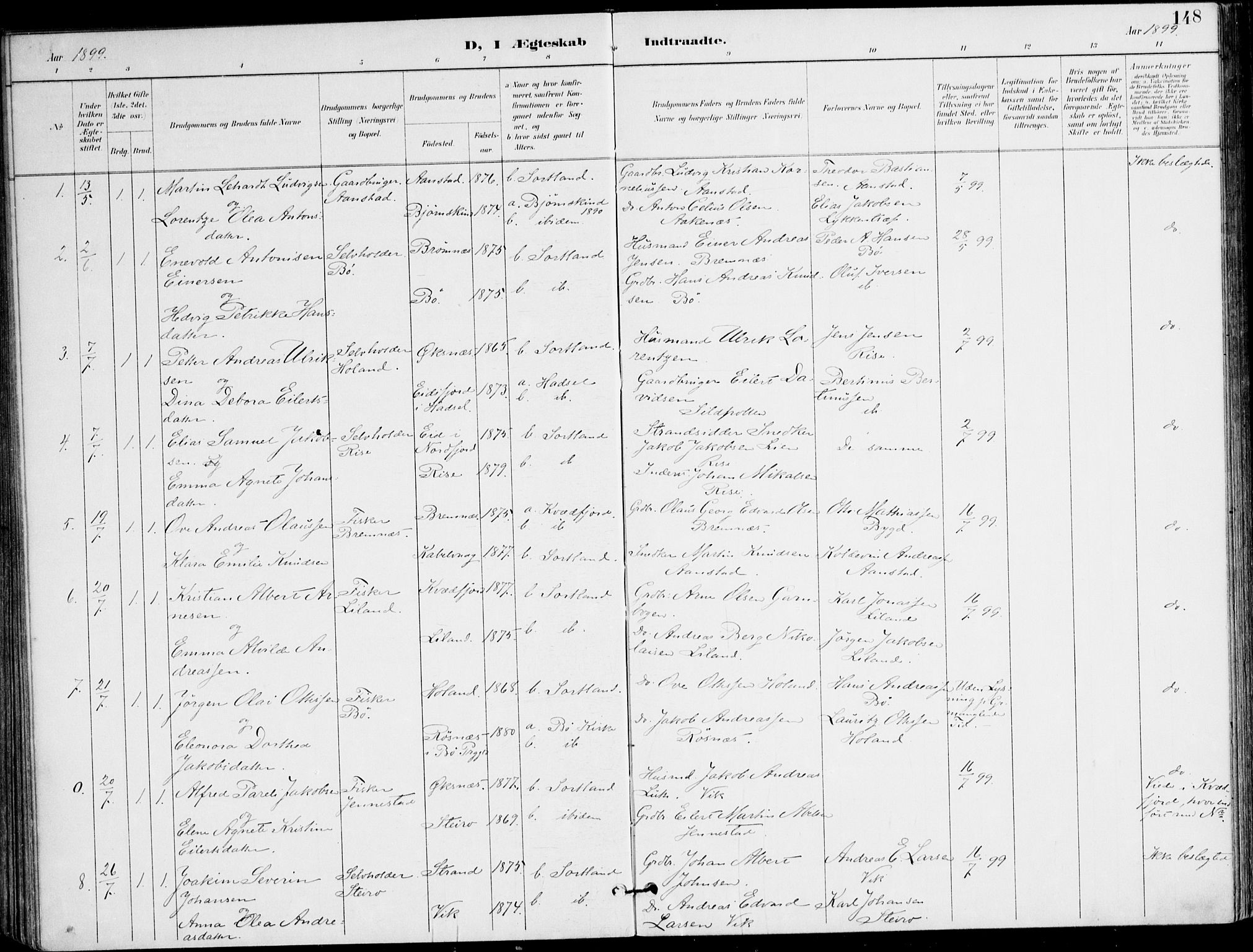 Ministerialprotokoller, klokkerbøker og fødselsregistre - Nordland, AV/SAT-A-1459/895/L1372: Parish register (official) no. 895A07, 1894-1914, p. 148