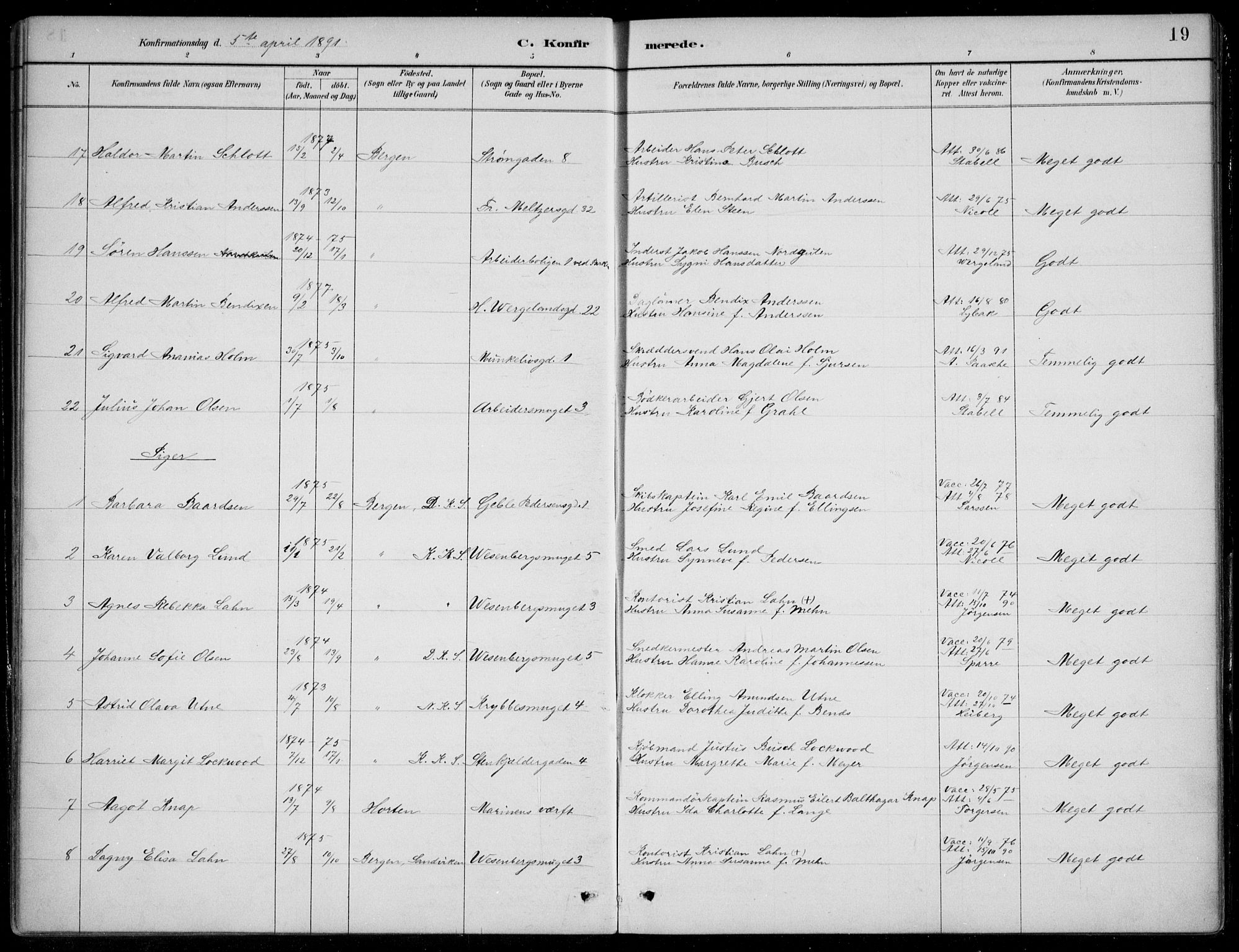 Mariakirken Sokneprestembete, AV/SAB-A-76901/H/Hab/L0008: Parish register (copy) no. A 8, 1889-1908, p. 19