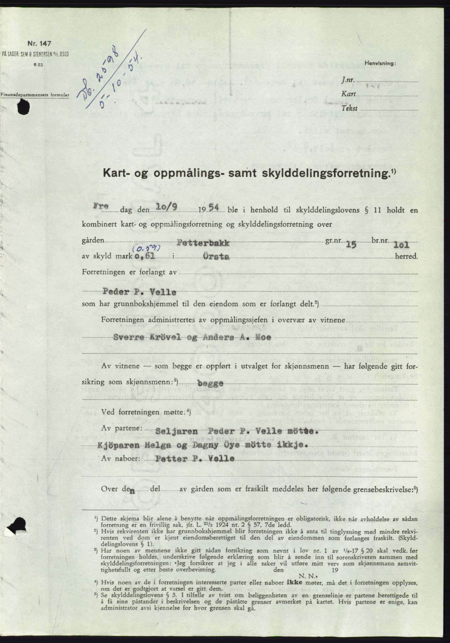 Søre Sunnmøre sorenskriveri, AV/SAT-A-4122/1/2/2C/L0099: Mortgage book no. 25A, 1954-1954, Diary no: : 2598/1954