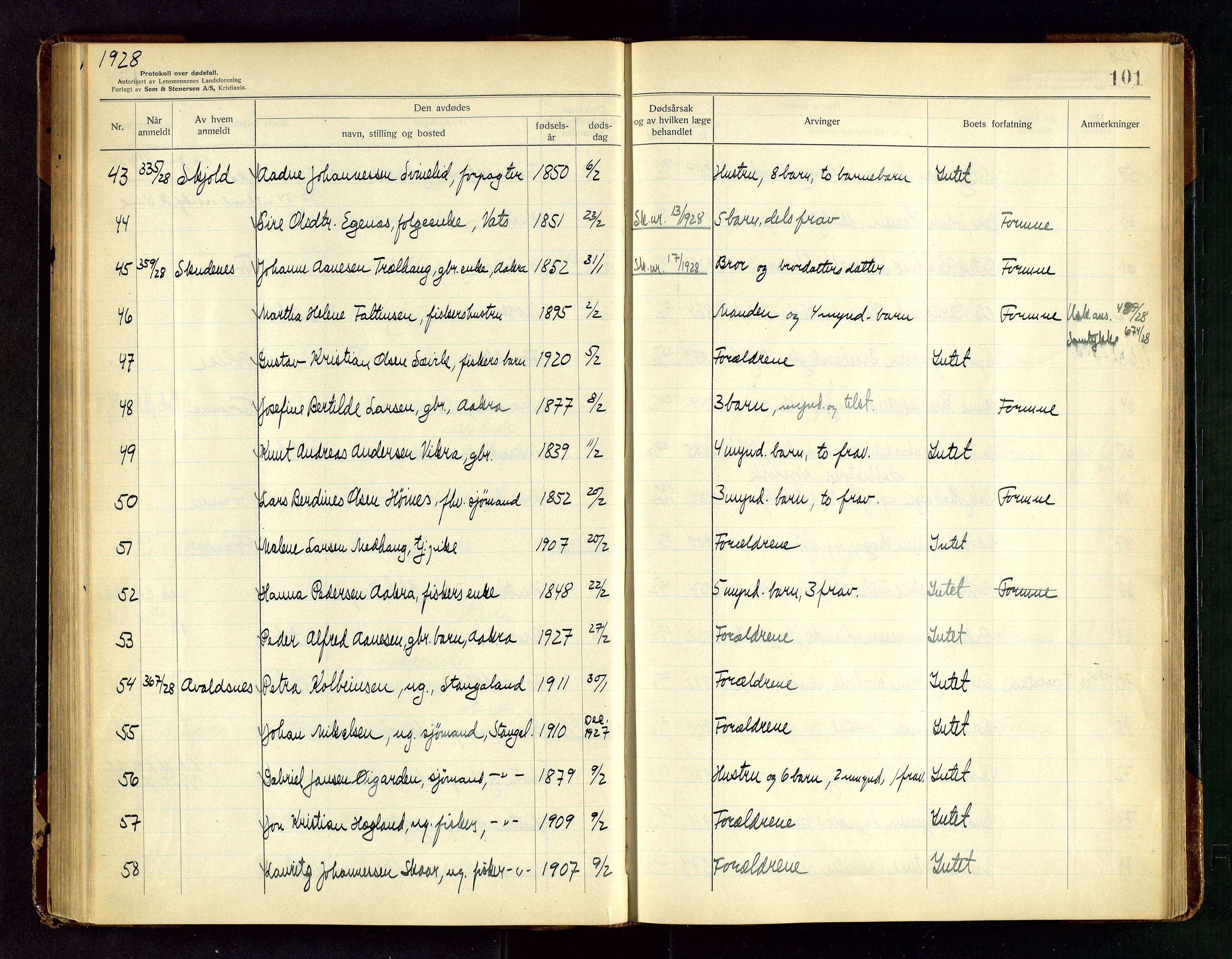 Karmsund sorenskriveri, SAST/A-100311/01/IV/IVAB/L0005: DØDSFALLSPROTOKOLL, 1923-1933, p. 101