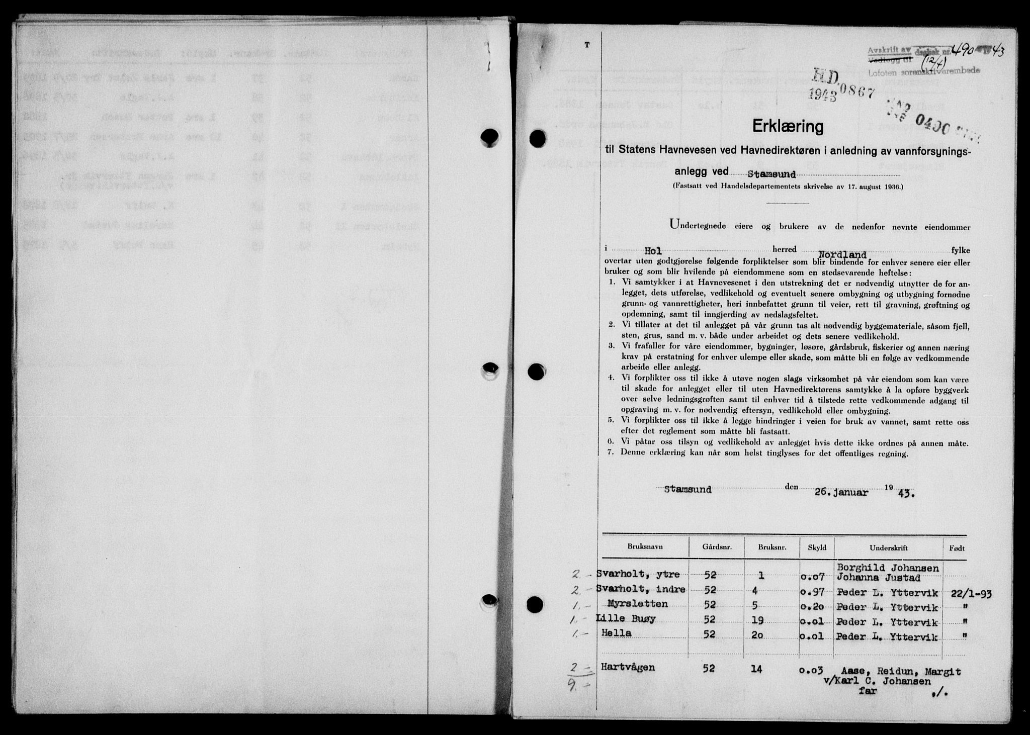 Lofoten sorenskriveri, SAT/A-0017/1/2/2C/L0011a: Mortgage book no. 11a, 1943-1943, Diary no: : 490/1943