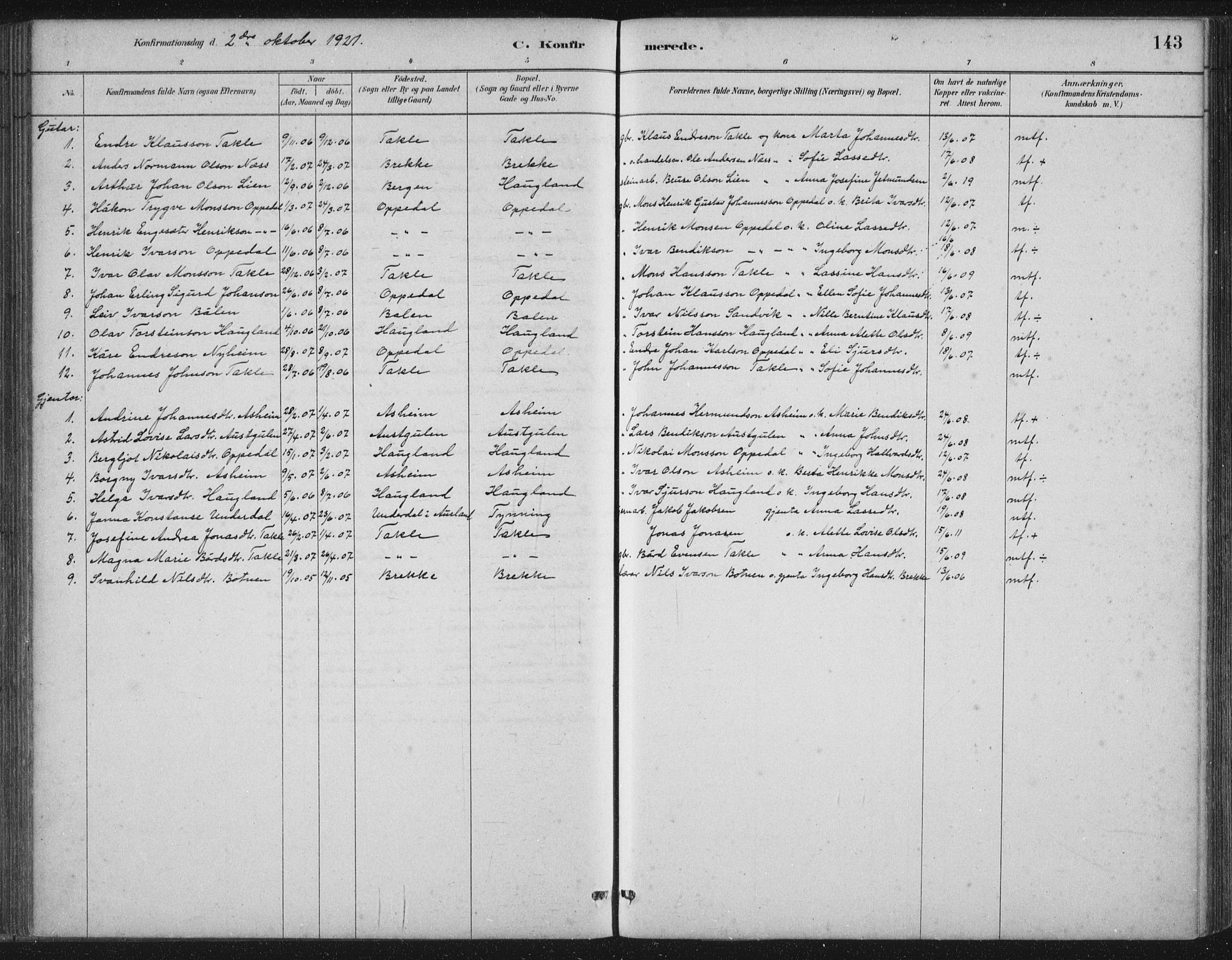 Gulen sokneprestembete, SAB/A-80201/H/Hab/Habc/L0002: Parish register (copy) no. C 2, 1880-1938, p. 143