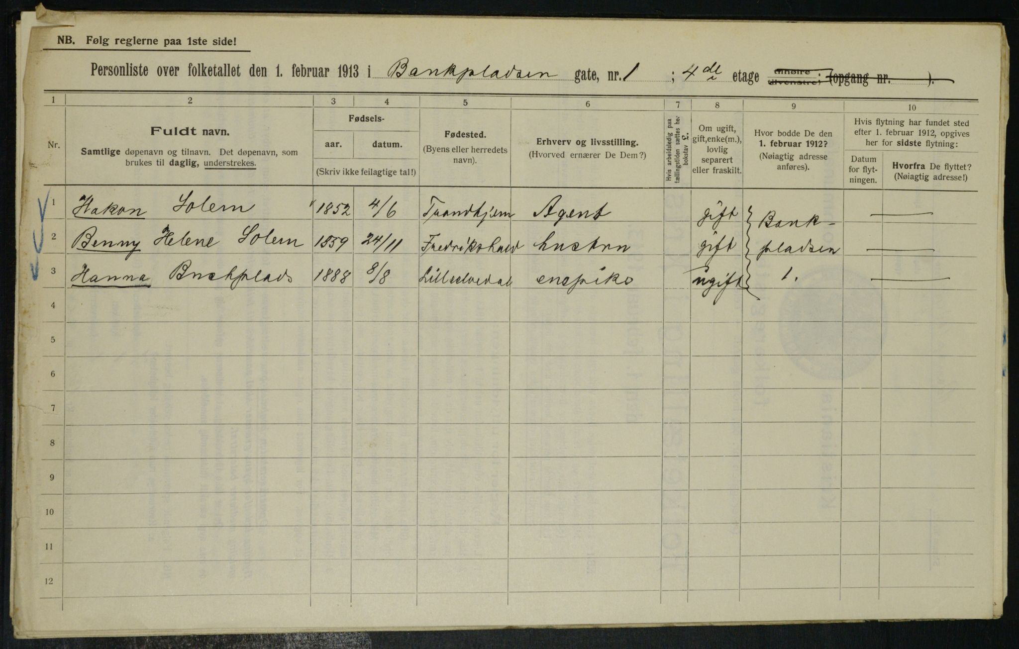 OBA, Municipal Census 1913 for Kristiania, 1913, p. 3196