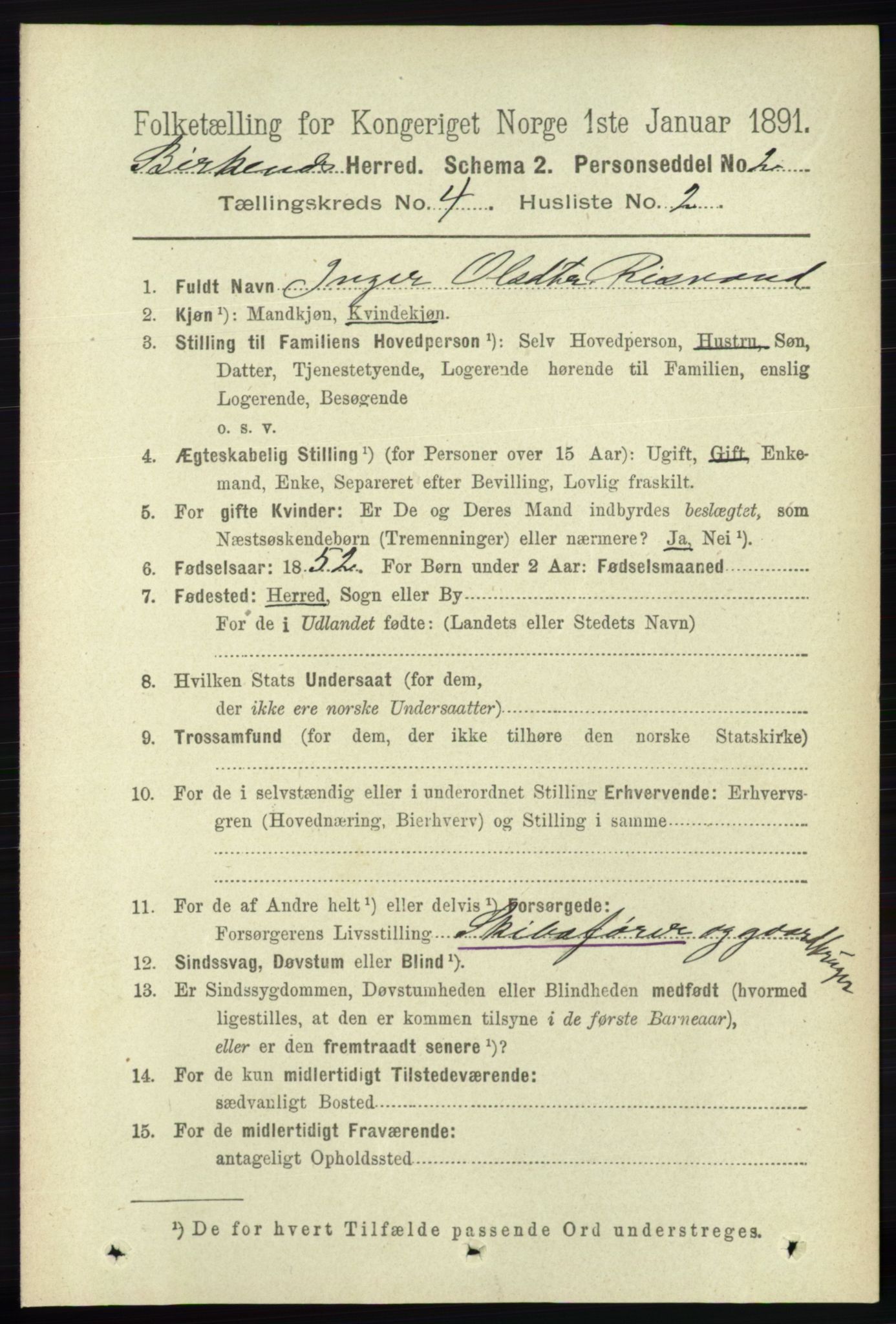 RA, 1891 Census for 0928 Birkenes, 1891, p. 1255