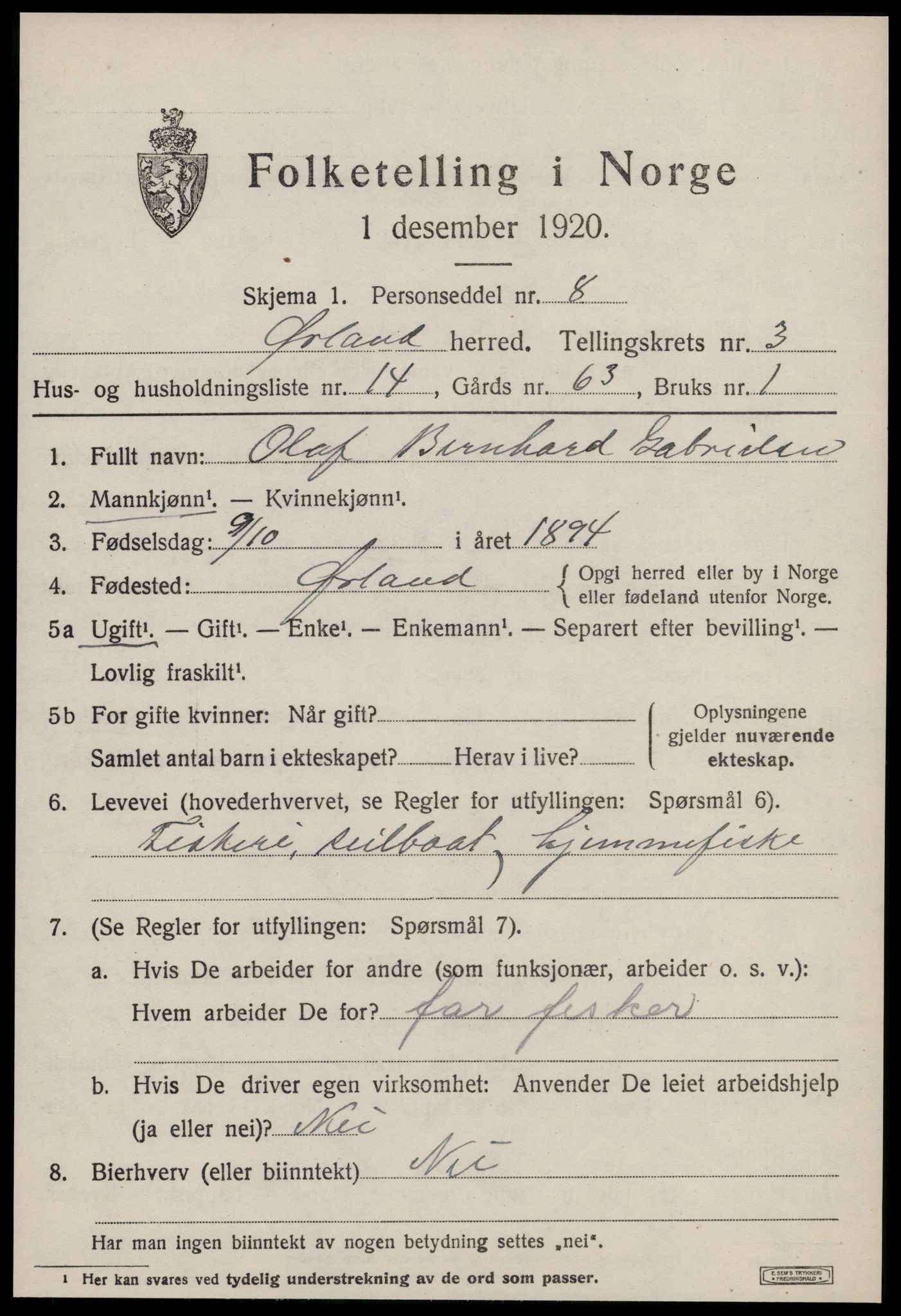 SAT, 1920 census for Ørland, 1920, p. 2639