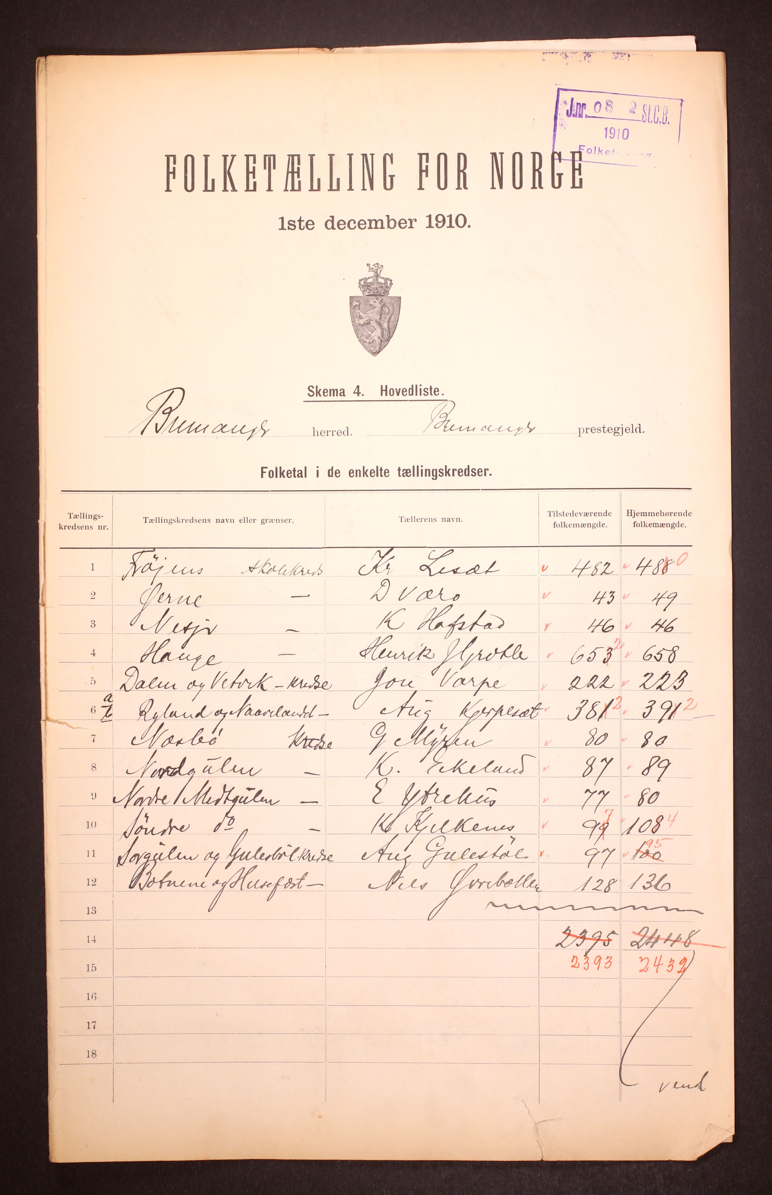 RA, 1910 census for Bremanger, 1910, p. 2