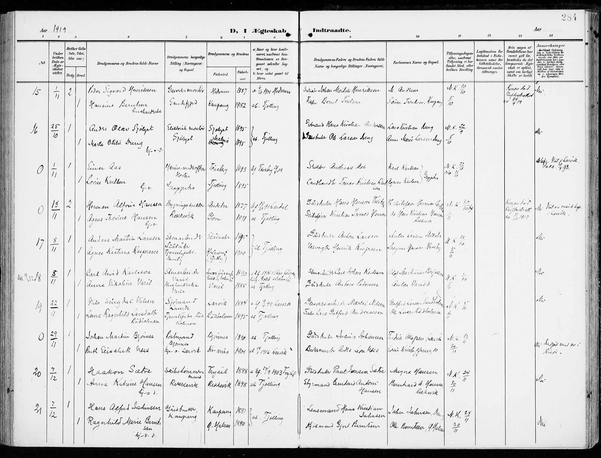 Tjølling kirkebøker, AV/SAKO-A-60/F/Fa/L0010: Parish register (official) no. 10, 1906-1923, p. 284