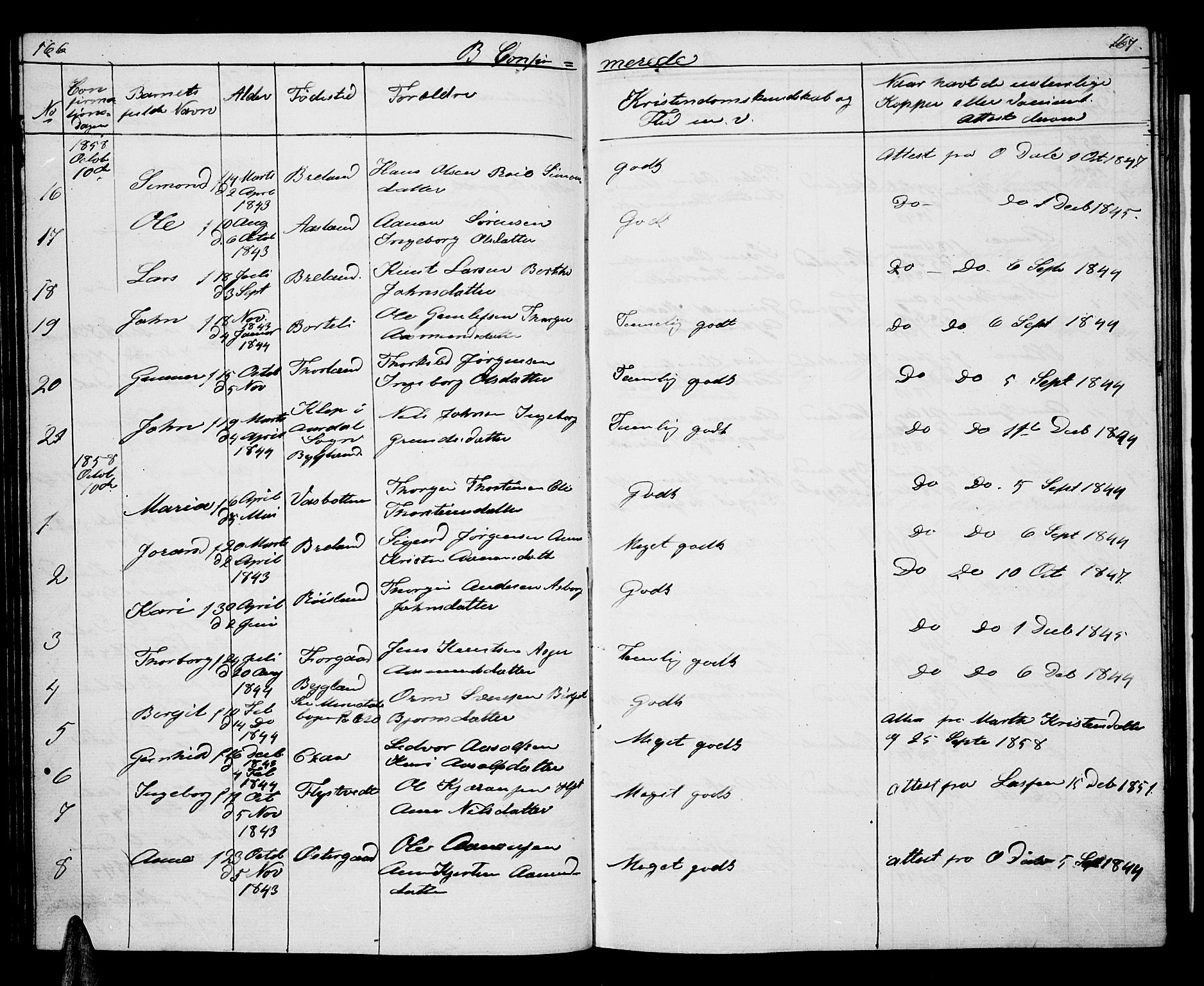 Åseral sokneprestkontor, AV/SAK-1111-0051/F/Fb/L0001: Parish register (copy) no. B 1, 1856-1877, p. 166-167