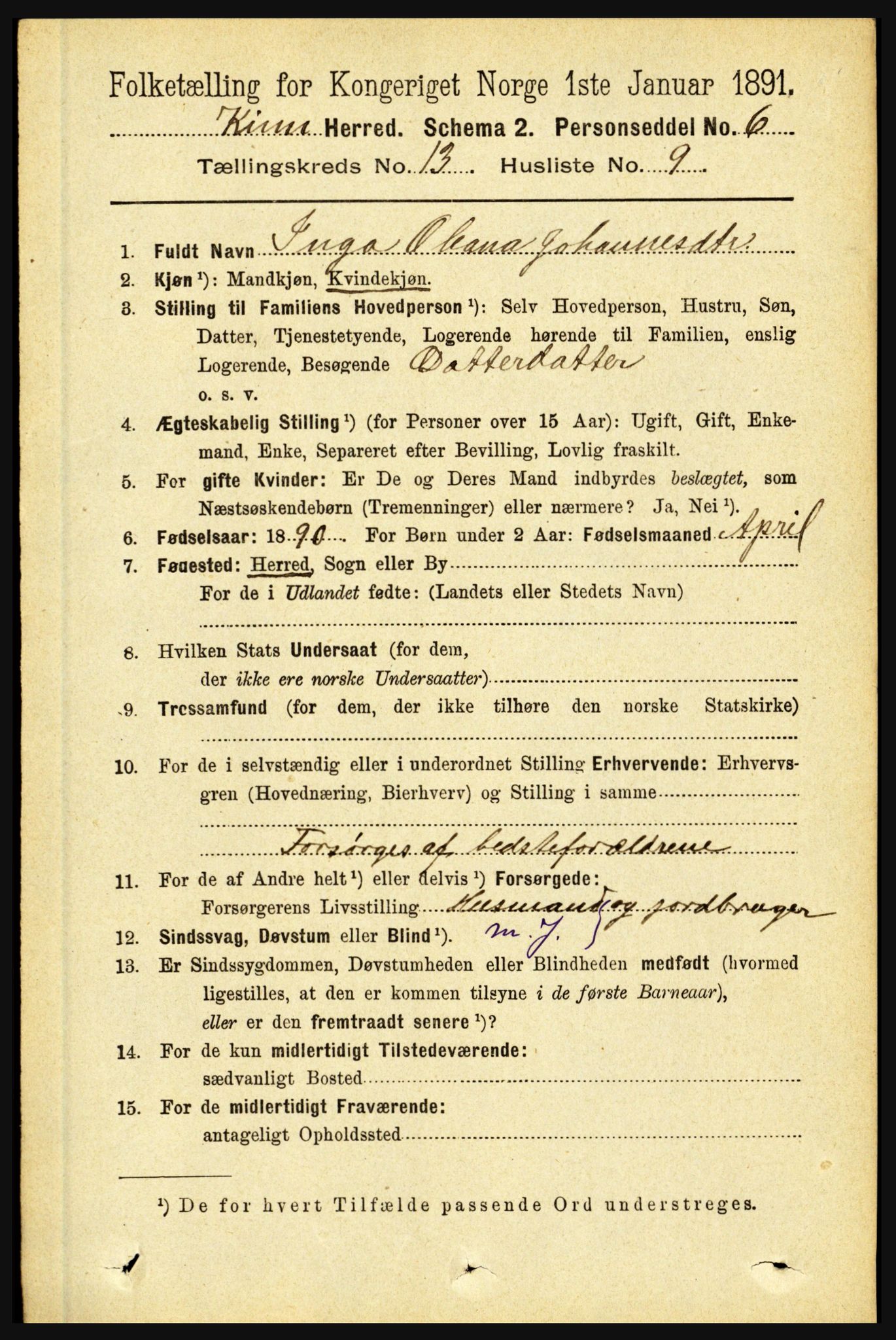RA, 1891 census for 1437 Kinn, 1891, p. 5120