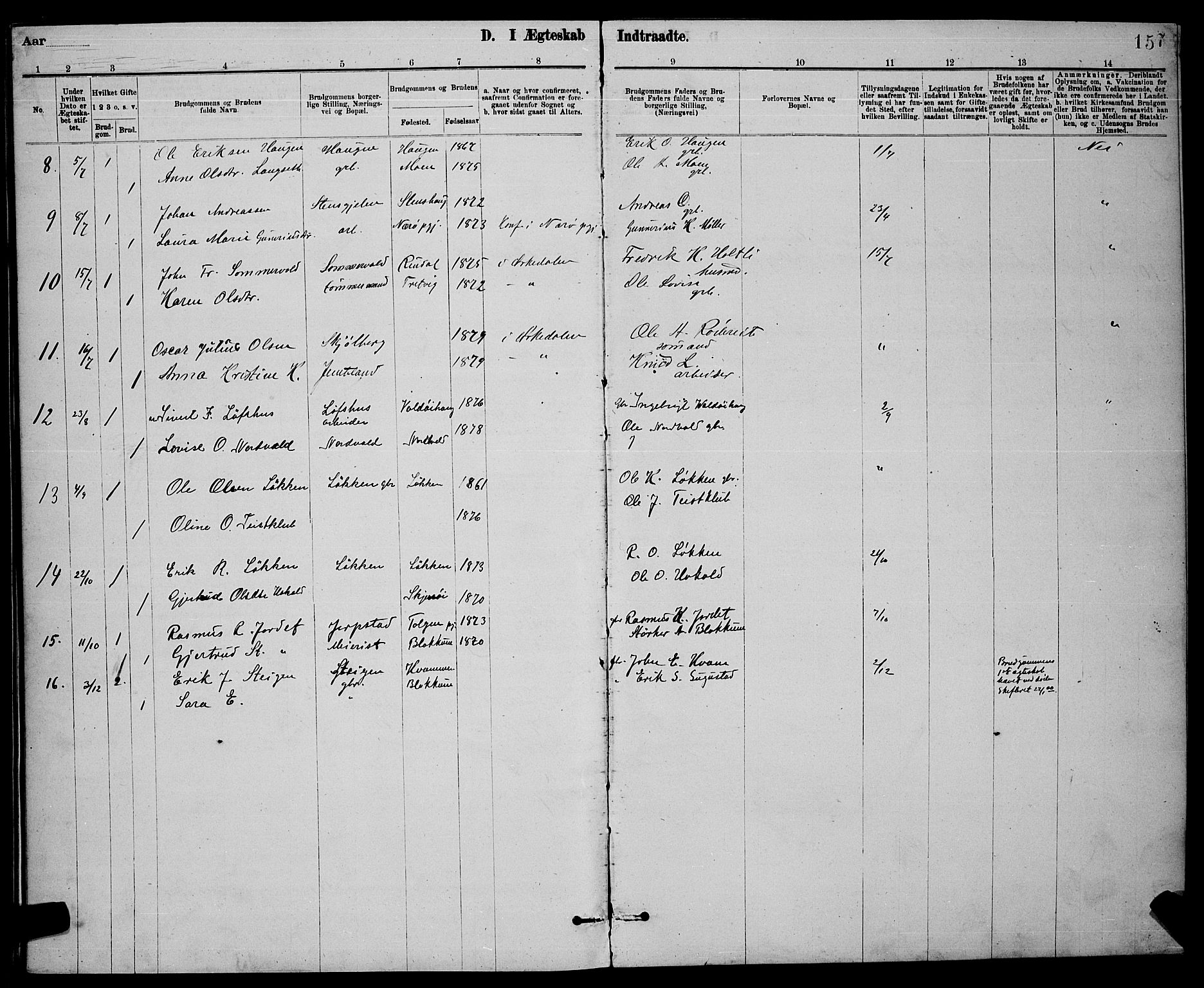 Ministerialprotokoller, klokkerbøker og fødselsregistre - Sør-Trøndelag, SAT/A-1456/672/L0863: Parish register (copy) no. 672C02, 1888-1901, p. 157