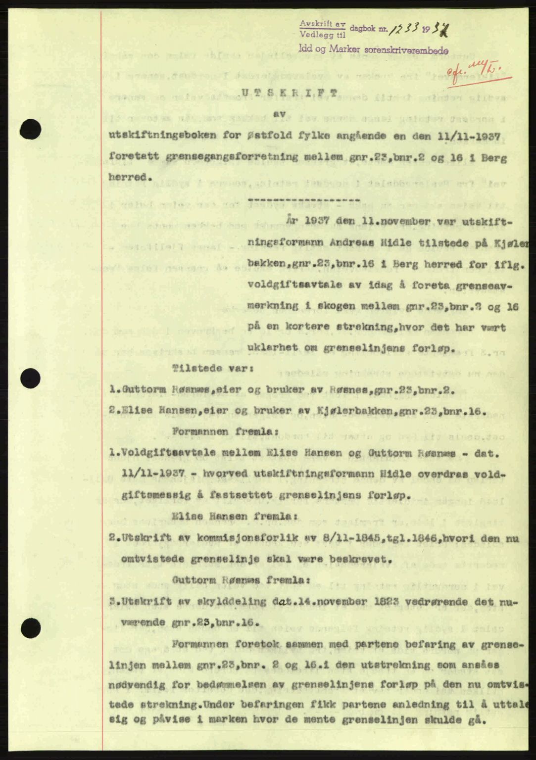 Idd og Marker sorenskriveri, AV/SAO-A-10283/G/Gb/Gbb/L0002: Mortgage book no. A2, 1937-1938, Diary no: : 1233/1937